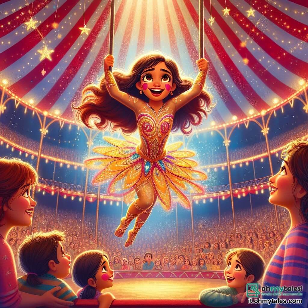 Una ragazza di 12 anni, Sofia, si trova in cima a un trapezio, i lunghi capelli castani che fluttuano nell'aria, il viso illuminato da un grande sorriso di eccitazione e determinazione. Indossa un costume scintillante dai colori vivaci, con stelle dorate che brillano sotto le luci del circo. Vicino a lei, Marco, il suo migliore amico di 11 anni, la incoraggia con uno sguardo ammirato, i capelli castani disordinati e una maglietta a righe colorata. È in piedi sul pavimento, con le braccia alzate in segno di sostegno, circondato da spettatori meravigliati. Il luogo è un grande tendone da circo a strisce rosse e bianche, pieno di luci scintillanti e decorazioni colorate. Gli spettatori di tutte le età sono seduti su panche di legno, con gli occhi fissi sul palco, impazienti di vedere lo spettacolo. La scena principale mostra Sofia, pronta a eseguire un audace salto acrobatico, lanciandosi in aria con grazia, mentre una pioggia di popcorn esce da un secchio che ha lanciato, creando un'atmosfera gioiosa e festosa.