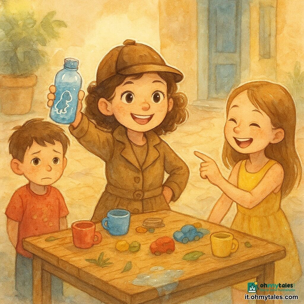 Bambina di 8 anni, capelli castani ricci, con piccolo cappello da detective in feltro, tiene una bottiglia d'acqua blu con adesivo dinosauro e sorride raggiante; Luca, circa 6 anni, capelli castani corti, maglietta rossa macchiata di cereali, sta indietro con aria colpevole e mani dietro la schiena; Sofia, circa 8 anni, capelli lisci e vestito giallo, ride indicando la bottiglia accanto alla detective; il gruppo è attorno a un piccolo tavolo di legno nel cortile con tazze colorate, giocattoli sparsi, foglie e un filo d'erba; sullo sfondo un piccolo patio lastricato, raggi di sole mattutini, porta d'ingresso aperta e una pozza lucida in primo piano come indizio; texture: lavaggio acquerello morbido, contorni sottili e riflessi bianchi sulla bottiglia e gocce d'acqua, tratti di matita per le espressioni; atmosfera gioiosa, curiosa e leggera, colori caldi pastello, composizione centrata sulla bambina con la bottiglia ritrovata.