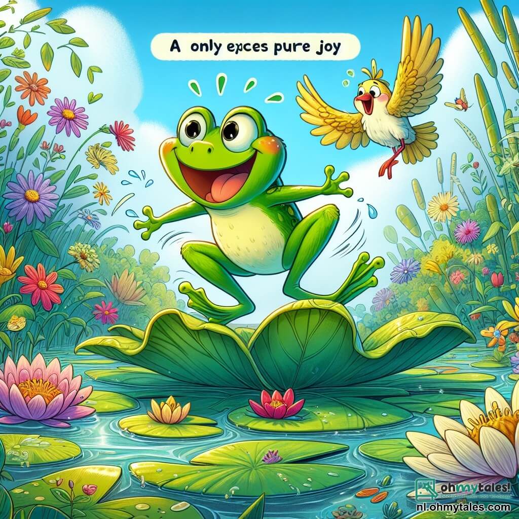 Een kleine groene kikker genaamd Karel, met grote ronde ogen en een blije glimlach, springt enthousiast op een groot loof, omringd door kleurrijke bloemen die om hem heen bloeien. Karel straalt vreugde uit, met zijn achterpoten in de lucht, klaar om op een ander blad te landen. Dichtbij vliegt een vogel genaamd Vera, met gele veren en een felrode snavel, vrolijk boven Karel, met uitgespreide vleugels, enthousiast klappend. De achtergrond is een prachtig moeras, met drijvende waterlelies, groene rietplanten en een blauwe lucht bezaaid met donzige witte wolken. Zonlicht filtert door de bladeren en creëert sprankelende reflecties op het water. De hoofdsituatie toont Karel die springt en kleurrijke bloemen onder zijn poten laat ontluiken, terwijl Vera hem aanmoedigt om een prachtige regen van kleuren en magie in het moeras te creëren.