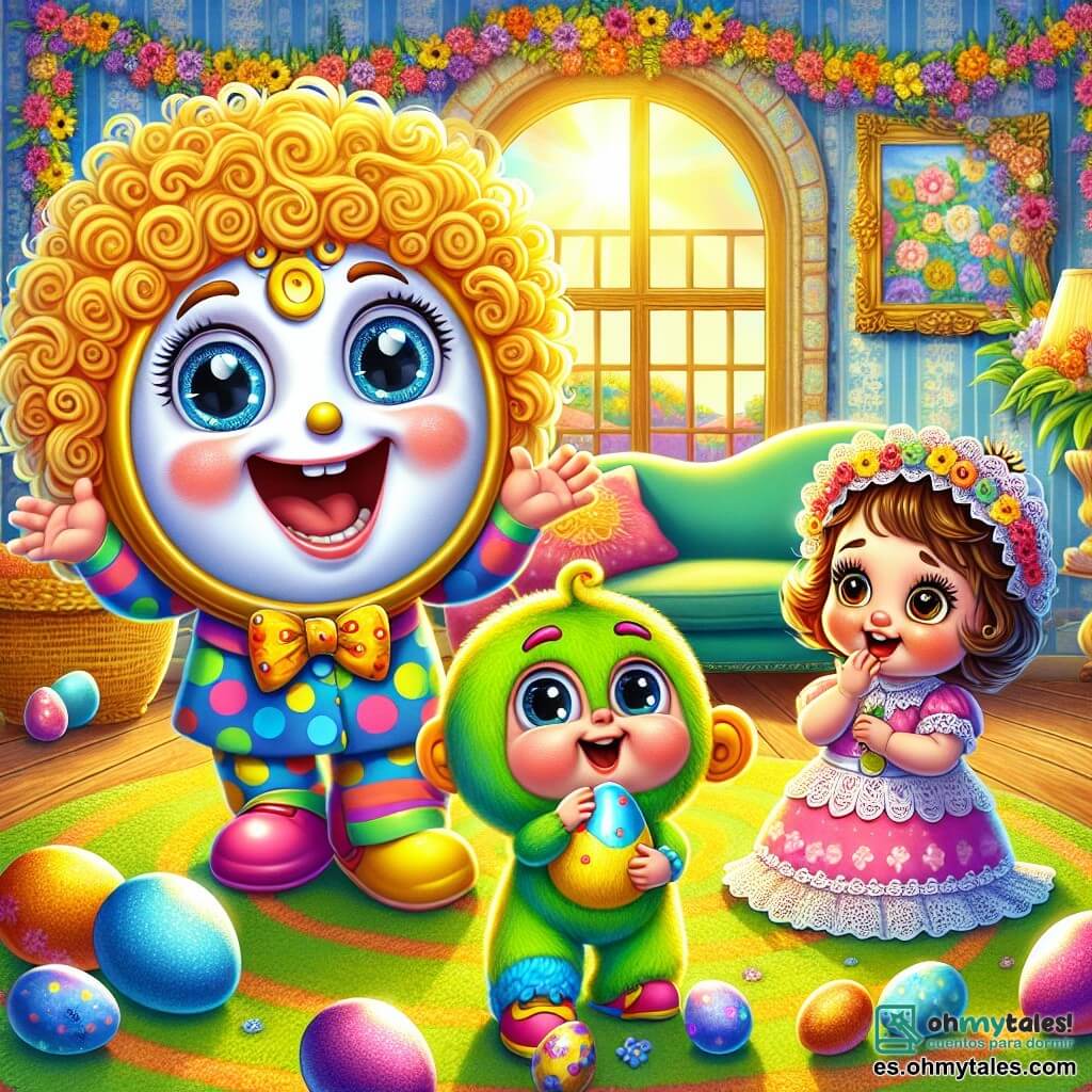 Tito, un colorido y alegre relojito con agujas brillantes, está en el centro de la imagen, mostrando una gran sonrisa y ojos chispeantes de emoción mientras organiza una búsqueda de huevos de Pascua. A su derecha, Rubén, un peluche verde brillante con una cara sonriente y brazos abiertos, salta de alegría sosteniendo un huevo azul brillante que acaba de encontrar. A la izquierda, Lili, una delicada muñeca de porcelana con un bonito vestido rosa y cabello rizado, mira con asombro un huevo amarillo que descubrió debajo del sofá. El decorado es una sala soleada, llena de guirnaldas coloridas y flores frescas, con una gran alfombra verde sobre la cual están esparcidos huevos de todos los colores, creando un ambiente festivo y alegre. La situación principal muestra a Tito y sus amigos en plena búsqueda de huevos, riendo y divirtiéndose mientras buscan huevos escondidos en cada rincón de la sala, llenos de colores vivos y energía alegre.