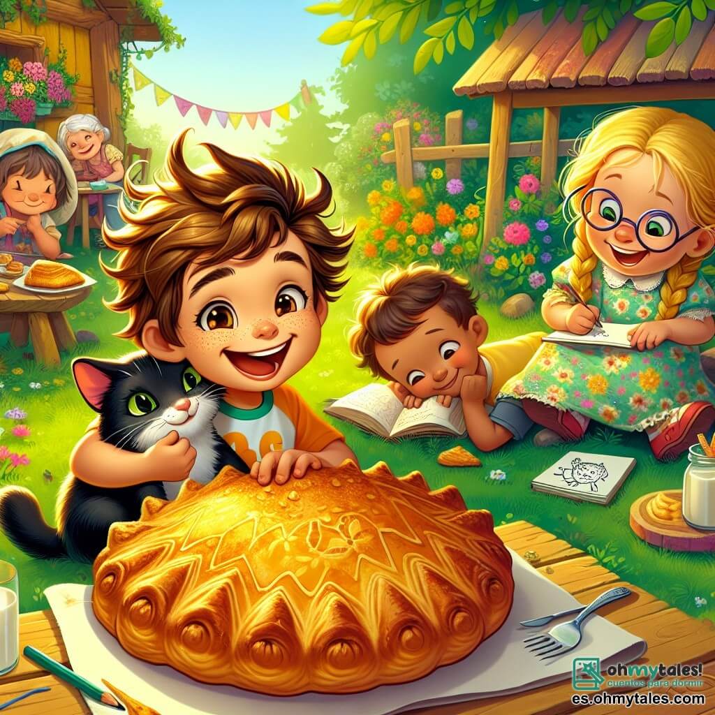 Un niño de cabello castaño desordenado, con una gran sonrisa y ojos brillantes de travesura, está sentado en la hierba verde, sosteniendo un gran trozo de galleta dorada entre sus manos. Lleva una camiseta colorida y pantalones cortos, y su expresión muestra una inmensa alegría, como si hubiera descubierto un tesoro. A su lado, una niña de cabello rubio trenzado, con gafas redondas y una sonrisa radiante, está dibujando con un lápiz en un cuaderno, fascinada por la galleta. Lleva un vestido de flores y parece maravillada por la situación. Un gato negro de ojos verdes, llamado Galletita, está acostado perezosamente sobre las piernas del niño, con los ojos entrecerrados, mostrando una expresión de satisfacción. La escena tiene lugar en el jardín soleado de la cocina de una abuela, rodeado de flores coloridas y árboles verdes, con una mesa de madera donde se pueden ver más pasteles y vasos de leche. El grupo de amigos está reunido alrededor de la galleta dorada, riendo y compartiendo historias divertidas, creando una atmósfera de felicidad y amistad mientras disfrutan de este delicioso momento juntos.