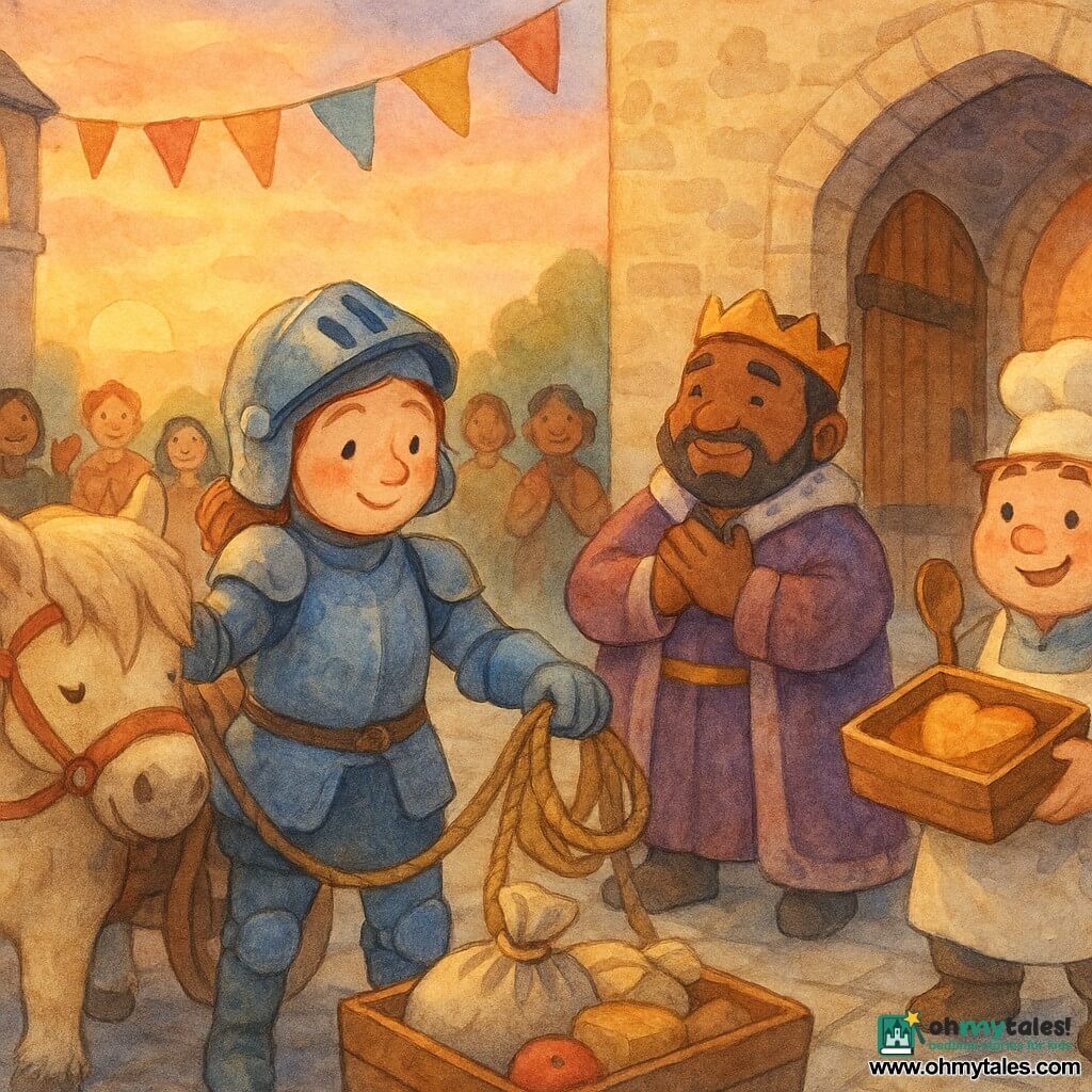 The female chevalier has a round, freckled face, her helmet pushed back on her neck, shiny blue-tinged armor, a gentle proud expression; she holds a large rope of provision sacks and strokes her pony’s head. Her pony, Sir Puddles, is a small sturdy male with a cream coat and messy mane, a red ribbon on the bridle, pulling a cart laden with apples, cheeses, and sacks of oats beside her. King Aldren is a portly man with a short beard in a purple royal robe, waiting by the castle steps smiling and applauding with his hand on his heart. Cook Bram is a round, cheerful man in a flour-dusted apron, holding a wooden spoon and gazing at a box with a honey cake like it’s a treasure. In the background the castle courtyard is paved with gray stones, large wooden doors open, colorful pennants fluttering and a brass bell atop a tower. The main scene shows the triumphant arrival at sunset: she dismounts with provisions lined up, villagers gather smiling, the atmosphere is warm and festive, with soft watercolor colors, light shadows and visible fabric textures.
