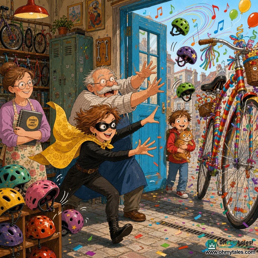 A radiant, slightly embarrassed woman, Marnie Maple, wearing a yellow scarf as a cape and a black glitter mask, short light brown hair and playful wide eyes, runs reaching for a wobbling giant parade bicycle; a chubby smiling nine-year-old boy, Benji, with messy brown hair holds a small ginger cat, Sprout, watching from the bike workshop entrance; an elderly corpulent Mr. Crispin with a neat gray mustache and round glasses frantically tries to grab the bike nearby; librarian Tilly, middle-aged with her hair in a bun, glasses and a floral apron, holds a notebook stickered SHARES ARE SWEET and smiles by a helmet shelf. The warm community bike workshop on a street corner has rows of colorful bikes, dented lockers, tools on the walls, festive posters and a large blue door opening to a cobbled street where the oversized parade bike careens, scattering confetti and visible musical notes as bystanders and objects react playfully.