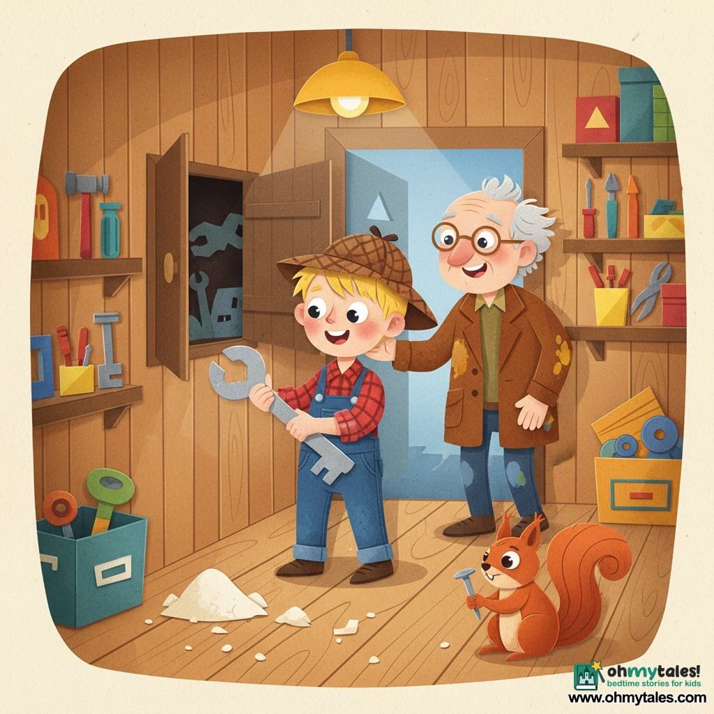 A 6-year-old boy watches in wonder, joyful and focused, wearing an oversized brown detective hat, a red-and-blue plaid shirt, denim overalls, and holding a shiny large wrench; Mr. Thompson, about 65, with round glasses, tousled light gray hair and a paint-stained brown jacket, smiles gratefully from the workshop doorway slightly behind the boy; a small red squirrel with bright eyes sits on a wooden board near a pile of sawdust, mischievously holding a nail; the warm, well-lit workshop has light wooden walls, shelves of colorful tools and labeled boxes, a hanging yellow lamp and a small storage cubby with a revealed secret compartment and a light powder trail leading to it; the boy has just opened the secret compartment and shows the shiny key in a centered, brightly colored, simple-cut-paper style composition with soft shadows and a tender, playful atmosphere.