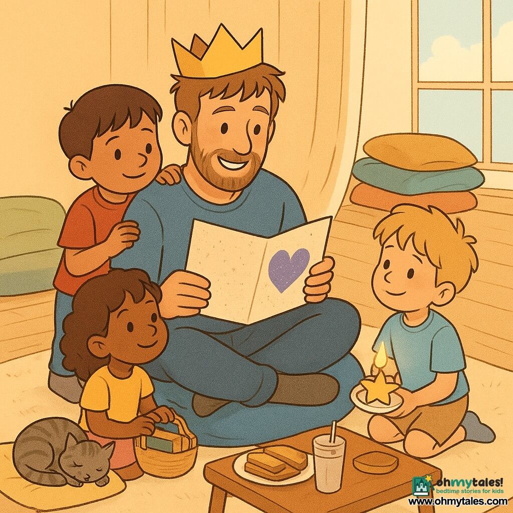 There are five characters: a father in his fifties with tousled light-brown hair and light beard, sitting on a large blue cushion wearing a tilted paper crown, smiling as he holds a sparkly card with a purple jelly heart stain on his lap; three five-year-old children around him—Milo (short brown hair) standing left with his hand on his father's shoulder and a purple jelly stain on his palm; Zara (curly brown hair, glitter shoes) seated on the rug right of the father holding a small basket of books; Ben (blond hair) kneeling right holding a starry yellow candle on a saucer near a plate of toast; and Pepper, a small gray tabby cat purring on an adjacent cushion; sunny living room with light wood floor, large windows casting warm light squares, stacked cushions forming a cozy nest, a small wooden coffee table with toast, a cup with a straw, and a lit candle ready to be blown—tender, joyful Father's Day scene.