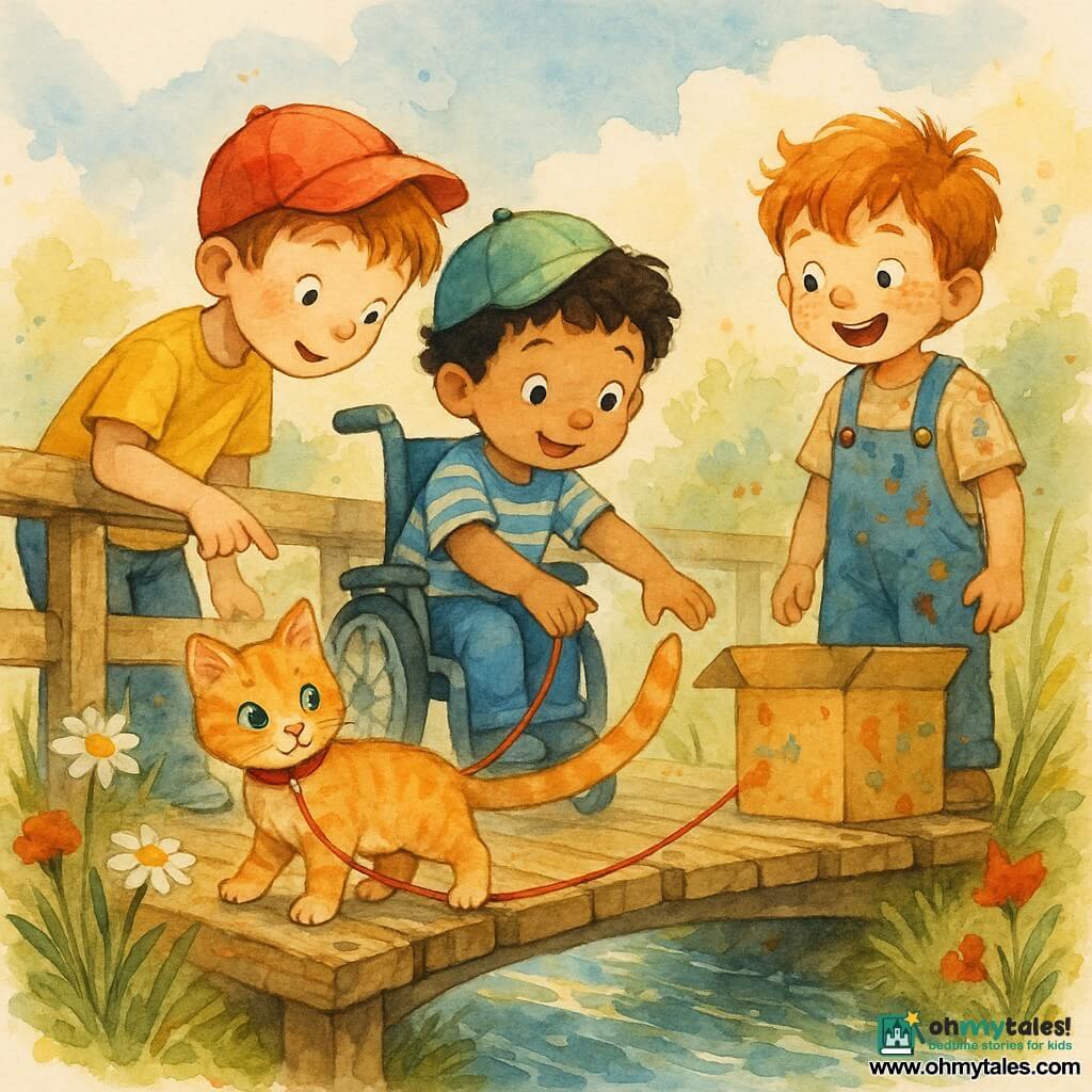 Three children around a small old wooden footbridge over a sparkling stream: Tom, 5, short light-brown hair, red cap, yellow T-shirt, standing left, leaning toward the kitten and pointing at a red string; Sam, 5, curly black hair, small blue wheelchair, green cap, blue-and-white striped T-shirt, seated center, reaching to pet the kitten while holding the other end of the red string; Andy, 6, tousled red hair, paint-stained overalls, standing right by a painted cardboard box with cookie crumbs on his cheek, looking surprised and happy. At the bridge's center sits an orange tabby kitten with mismatched eyes (one blue, one green) and a small red ribbon on its collar; the red string runs from a park bench to Andy's painted box. Tall grasses and wildflowers (daisies, poppies) frame the textured planks and low railing; pale blue sky with a few fluffy clouds and warm golden late-afternoon light; warm contrasting watercolor palette with visible textures and subtle controlled splashes to suggest movement.