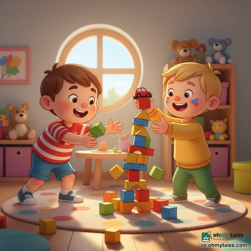Doi băieți de circa 4 ani: stânga, păr brun scurt, tricou roșu cu dungi albe și pantaloni scurți albaștri, întinde mâna spre un cub verde care se clatină; dreapta, păr blond zburlit, pete de vopsea pe nas, pulover galben și pantaloni verzi, râde și adaugă un cub roșu în vârf. Cameră luminoasă cu covor pufos cu buline, măsuță din lemn deschis, raft cu jucării și fereastră rotundă prin care intră un rază de soare; cuburi colorate împrăștiate și o mașinuță roșie pe covor. Situația: construiesc un turn înalt de cuburi care se clatină și începe să cadă; expresii vesele, cuburi care se rostogolesc, mașinuța de la vârf pe cale să cadă, atmosferă jucăușă și caldă.