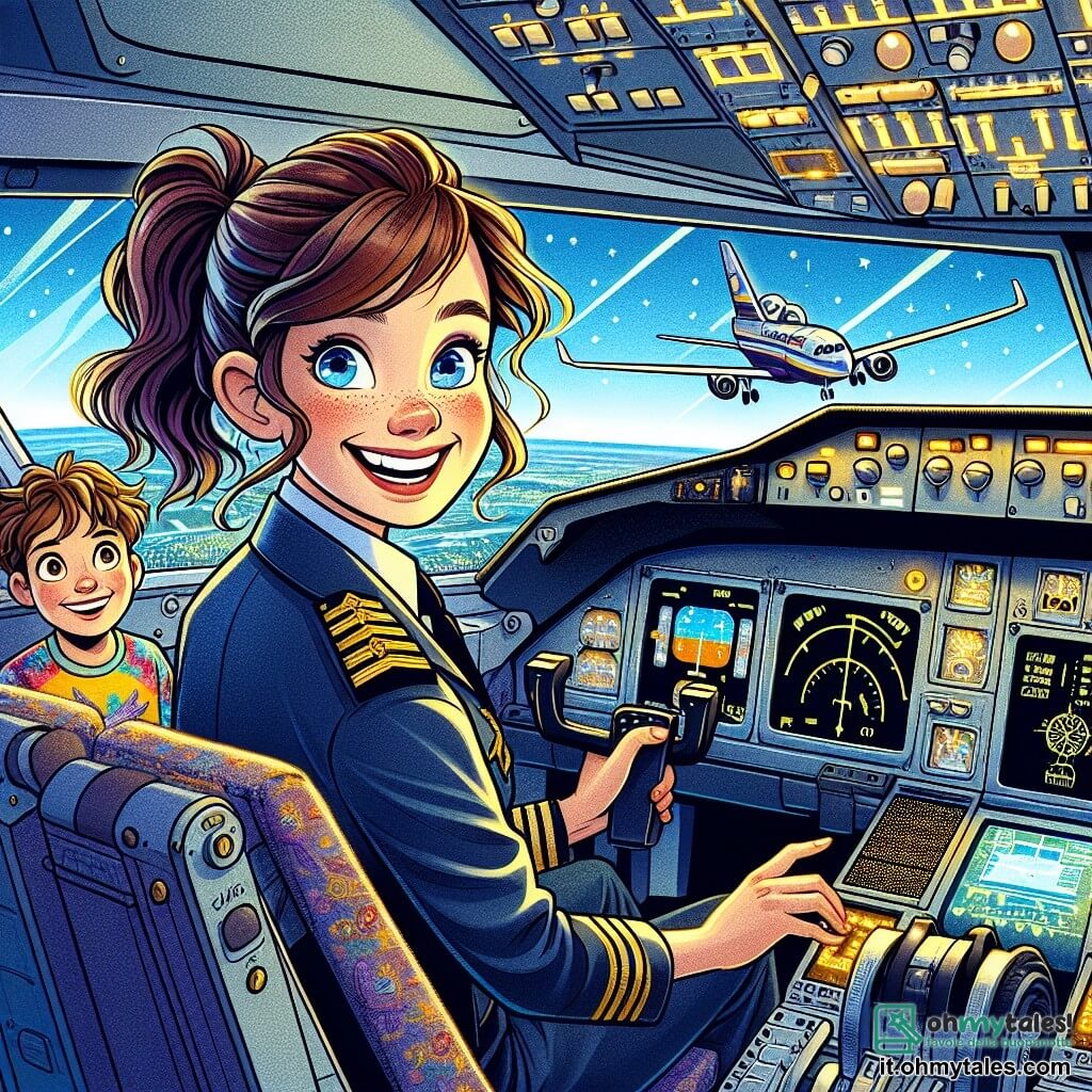 Una giovane pilota, Sofia, è nel cockpit di un aereo, sorridente e con gli occhi brillanti di eccitazione. Indossa una divisa blu scuro con spalline dorate e ha i capelli castani raccolti in una coda di cavallo. È concentrata sui comandi, pronta a decollare per una nuova avventura. Accanto a lei, un ragazzo di circa 10 anni, Marco, guarda con ammirazione attraverso il finestrino. Ha i capelli castani disordinati e indossa una maglietta colorata con un motivo di aereo. I suoi occhi brillano di curiosità mentre scopre il mondo aereo. Il cockpit è pieno di luci lampeggianti e strumenti di pilotaggio, con finestre che offrono una vista spettacolare su un cielo blu punteggiato di nuvole bianche, dando una sensazione di libertà infinita. La scena principale mostra Sofia pronta a decollare, con Marco al suo fianco, entrambi impazienti di vivere un'avventura nei cieli, simboleggiando il sogno di volare e scoprire il mondo.