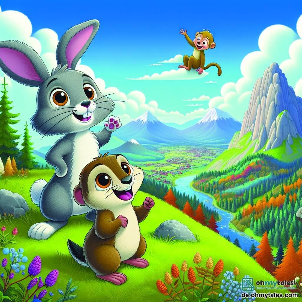 Max, ein kleiner grauer Hase mit großen neugierigen Augen und langen Ohren, steht auf einem hohen, grünen Hügel, sein Gesicht von einem großen, aufgeregten Lächeln erleuchtet. Er hebt seine Vorderpfoten gen Himmel, als wolle er die Wolken berühren. Neben ihm schaut Moritz, ein Maulwurf mit braunem Fell und kleinen Pfoten, mit weit aufgerissenen Augen, einem Mix aus Staunen und Besorgnis, fest an einem Felsen haltend. Ein wenig weiter schwingt Felix, ein kleiner Affe mit goldenem Fell, fröhlich von einem Ast, lacht und ermutigt seine Freunde, die Aussicht zu genießen. Die Landschaft ist ein wunderschönes Panorama aus bunten Wäldern, glitzernden Flüssen und fernen Bergen unter einem strahlend blauen Himmel, durchzogen von einigen flauschigen weißen Wolken. Die Hauptsituation zeigt Max und seine Freunde auf dem Gipfel des Hügels, die ihren Sieg feiern, nachdem sie viele Herausforderungen gemeistert haben, mit einem Gefühl von Erfolg und Freundschaft, das um sie strahlt.