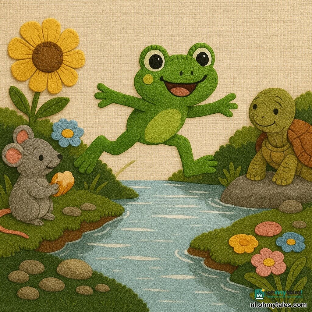 Een gelukkige groene kikker genaamd Zilverpoot springt met glinsterende ogen en gele wangvlekjes naar de overkant, een grijze pluizige muis op de linkeroever houdt een stukje brood en klapt bij een grote gele bloem, een oude schildpad met aardkleurige bolle schild kijkt vriendelijk vanaf een steen op de rechteroever; de rivier is spiegelend, oevers met donkergroene mos en gelaagde stoffen bloemen (geel, roze, blauw), ingenaaide steentjes en lintgras; het tafereel vangt het bevroren ogenblik van de sprong, vrolijke spanning, aanmoedigende vrienden en zachte namiddaglicht met contrasterende appliquétexturen.