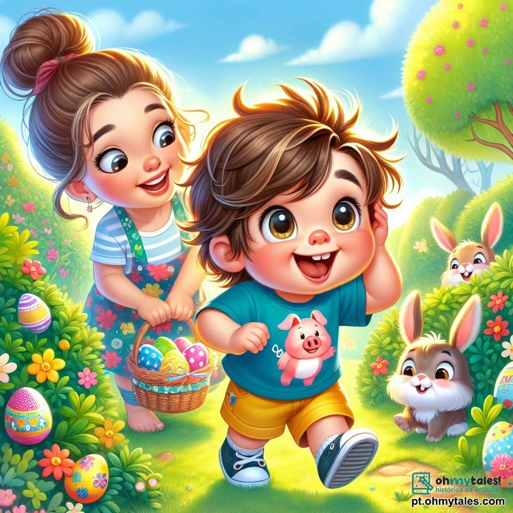 Um menino de 2 anos, Léo, com cabelo castanho bagunçado e olhos brilhantes de alegria, está procurando ovos de Páscoa em um jardim ensolarado. Ele usa uma camiseta azul com um porquinho engraçado e um short amarelo, sorrindo amplamente, com as bochechas rosadas de excitação. Ao lado dele, sua mãe, uma mulher de cerca de 30 anos com longos cabelos castanhos presos em um coque, usa um avental colorido e segura uma cesta cheia de ovos decorados. Ela olha para Léo com ternura, incentivando-o a continuar sua busca. O jardim está repleto de flores vibrantes, arbustos verdes e árvores majestosas, criando uma atmosfera alegre e mágica. Coelhinhos de orelhas grandes, pelagens suaves e olhos travessos pulam ao redor, acrescentando um toque de fantasia à cena. Léo, todo empolgado, encontra um ovo escondido atrás de uma flor colorida, enquanto os coelhinhos o observam com um ar divertido, prontos para ajudá-lo em sua busca.