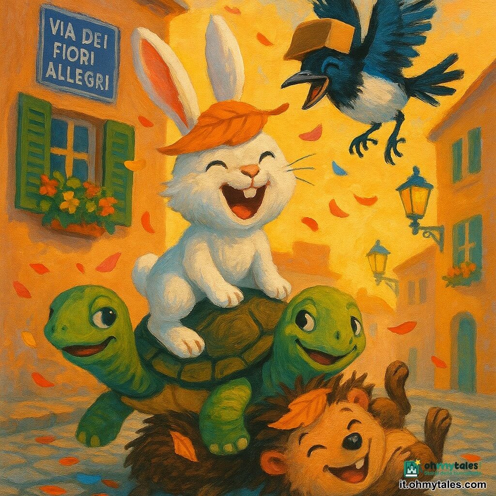 Tobia, giovane coniglio bianco dal pelo soffice e orecchie lunghe, in cima a un piccolo mucchio di amici ride a crepapelle con una grande foglia arancione come una carota sulla testa; Lilla, tartaruga dal carapace verde scuro e beige, sdraiata sotto di lui sorride dolcemente; Arturo, riccio dagli aculei marroni spettinati, ride rotolando con una foglia tra gli aculei; Pina, gazza nera e blu dalle piume lucide, vola sopra con una scatola di cartone in testa; la scena si svolge sulla via lastricata Via dei Fiori Allegri al tramonto con petali sparsi, lampioni in ferro battuto e facciate pastello, e mostra quattro amici abbracciati in un mucchio gioioso, risate, piume e foglie che volano, atmosfera vivace e comica, composizione centrata e dinamica.