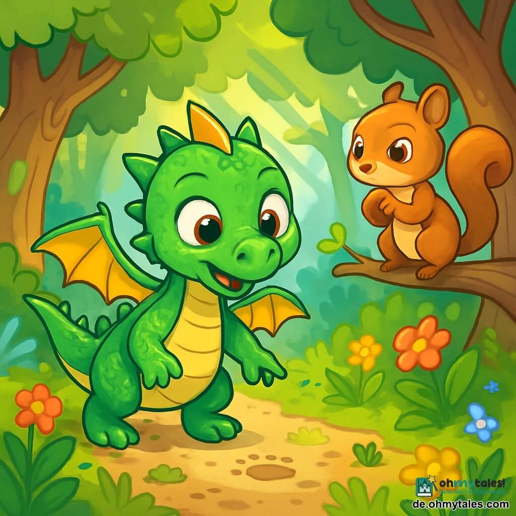 Ein kleiner grüner Drache mit glänzenden Schuppen, namens Filo, steht neugierig in der Mitte der Szene. Neben ihm klettert ein kleines, goldbraunes Eichhörnchen, Leni, auf einen niedrigen Ast und hält eine kleine Nuss in ihren Pfoten. Sie wirkt besorgt, aber entschlossen, während sie nach Hinweisen sucht. Die Kulisse ist ein verzauberter Wald mit großen, knorrigen Bäumen, leuchtend grünen Blättern und bunten Blumen am Boden. Sonnenstrahlen filtern durch das Laub und werfen tanzende Schatten. Filo und Leni sind mitten in einer Untersuchung und suchen den Boden nach Hinweisen ab, umgeben von Geheimnissen und Abenteuern, während ein süßer Duft von Blumen und Honig in der Luft liegt.