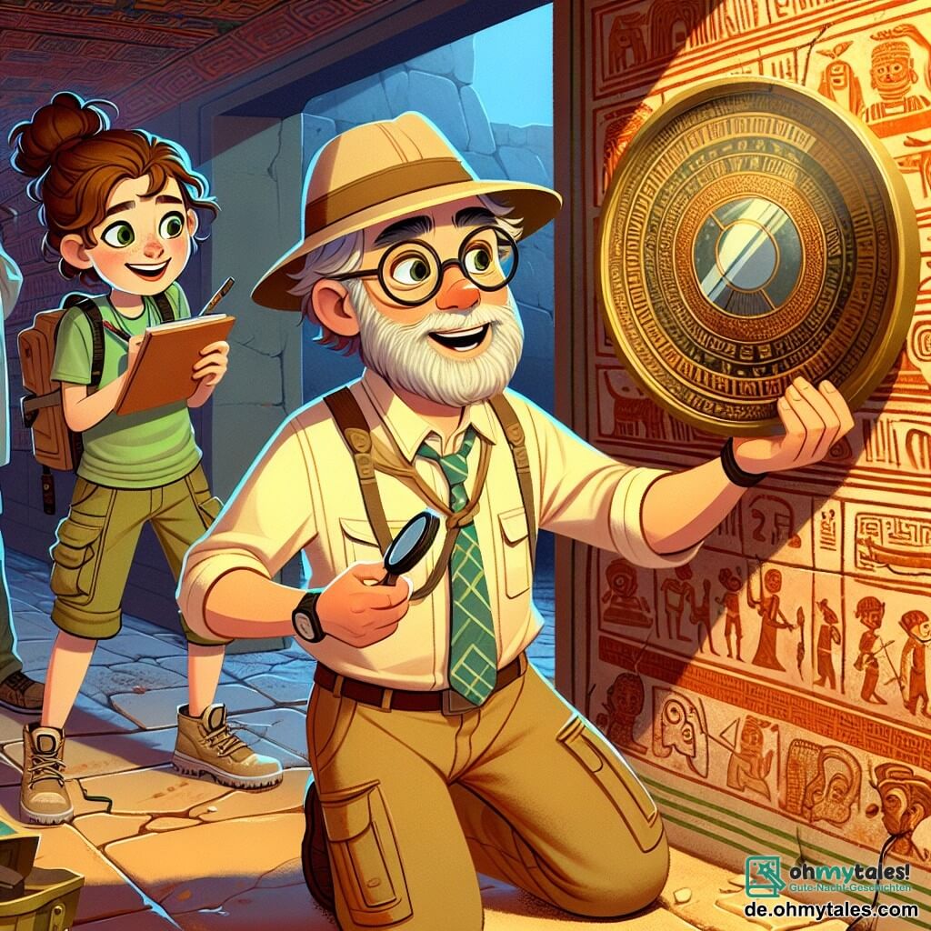 Ein Archäologe, ein Mann in den Fünfzigern mit runden Brillen und grauem Bart, steht im Mittelpunkt des Bildes, seine Augen strahlen vor Aufregung. Er trägt einen Strohhut und ein beiges Hemd und hält einen alten bronzenen Spiegel, der ein sanftes, geheimnisvolles Licht ausstrahlt. Neben ihm untersucht eine zwanzigjährige Frau mit braunen, hochgesteckten Haaren und einem begeisterten Lächeln die auf die Wände der versteckten Kammer gravierten Symbole. Sie trägt eine Erkundungsjacke und Cargo-Hosen und beugt sich fasziniert über die Entdeckungen. Im Hintergrund macht ein achtzehnjähriger Junge mit Brille und grünem T-Shirt Notizen in einem Heft, die Augen auf den Spiegel gerichtet, bereit, diese unglaubliche Entdeckung zu dokumentieren. Der Ort ist eine alte archäologische Kammer mit terrakotta Wänden, die mit bunten Fresken geschmückt sind, die Szenen aus dem täglichen Leben der Han-Dynastie darstellen. Überreste von Töpferwaren und alten Werkzeugen sind auf dem Boden verstreut, und goldenes Licht strömt durch eine Öffnung und beleuchtet den Spiegel in der Mitte. Die Hauptsituation zeigt den Moment, in dem der Archäologe den alten Spiegel entdeckt, der ein geheimnisvolles Glühen offenbart, das die Aufmerksamkeit aller auf sich zieht und eine Atmosphäre von Magie und Neugier in diesem geschichtsträchtigen Raum schafft.
