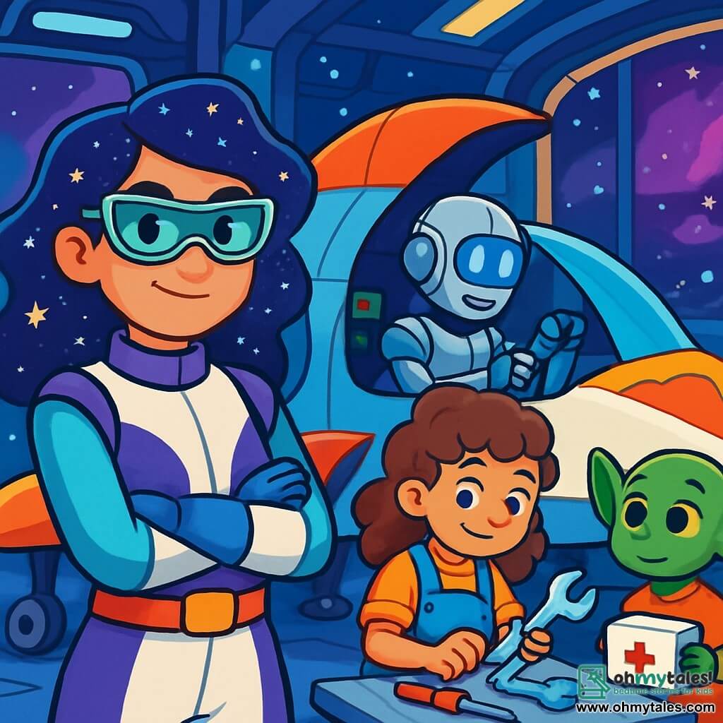 Dr. Nova Vega, a woman with star-like shiny hair and futuristic glasses, stands in front of her spaceship, the Starfire. She has a determined look and a confident smile, ready for a mission. Beside her, a robot pilot named Captain Jax, in silver armor with glowing eyes, adjusts the ship's controls. Luna, a 12-year-old engineer with curly hair and a colorful work suit, examines shiny tools on a nearby table. Pip, a green alien with large ears, holds a first aid kit, watching Nova with curious eyes. The spaceship is parked in a spacious hangar filled with futuristic gadgets and sparkling lights, with windows overlooking the starry expanse. The main scene shows Nova and her team preparing to activate the Quantum Leap Drive, surrounded by an atmosphere of excitement and anticipation, ready to rescue the Celestial Voyager trapped near a mysterious purple nebula.