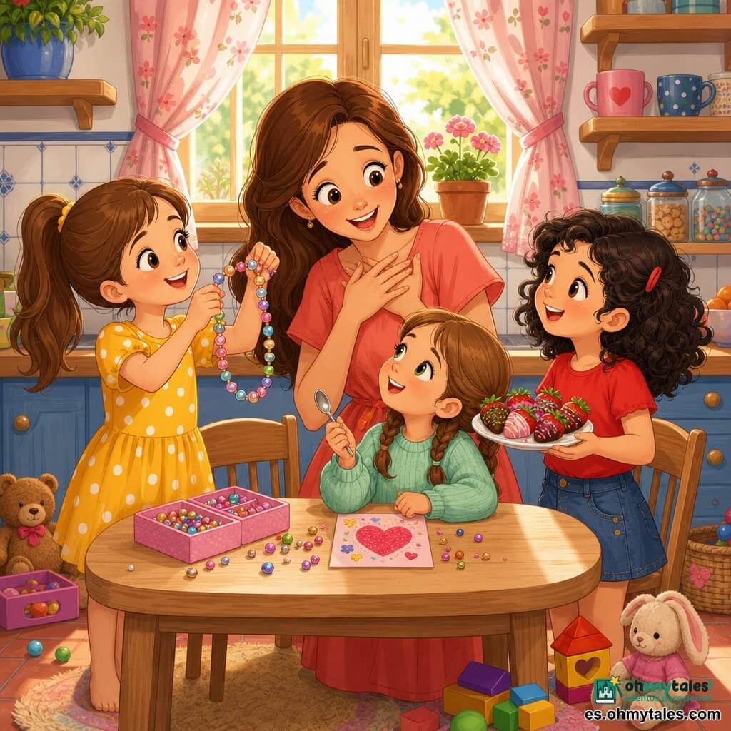 Hay 4 personajes: Ana (niña ~8 años) cabello castaño liso en coleta, vestido amarillo con lunares blancos, sostiene un collar de cuentas; Luna (niña ~7 años) cabello negro rizado, camiseta roja y falda vaquera, sonríe sosteniendo un platito de fresas decoradas; Sofía (niña ~6 años) cabello castaño claro en dos trenzas, suéter verde menta, sentada en un taburete con una cuchara mirando a la mamá con orgullo; Mamá (mujer ~35 años) cabello largo castaño, vestido salmón, en el centro tras la mesa con las manos en el pecho, sorprendida y emocionada inclinándose hacia las niñas para besarlas. Lugar: cocina cálida y colorida con mesa de madera clara, azulejos blancos y azules, cortinas floreadas rosas, luz solar suave, planta en el alféizar y estantes con tazas; algunos juguetes y cuentas en el suelo. Situación: las tres niñas le regalan a su madre un collar de cuentas y un postre de fresas hecho con amor, escena íntima y luminosa de Día de la Madre, colores vivos y rasgos suaves.