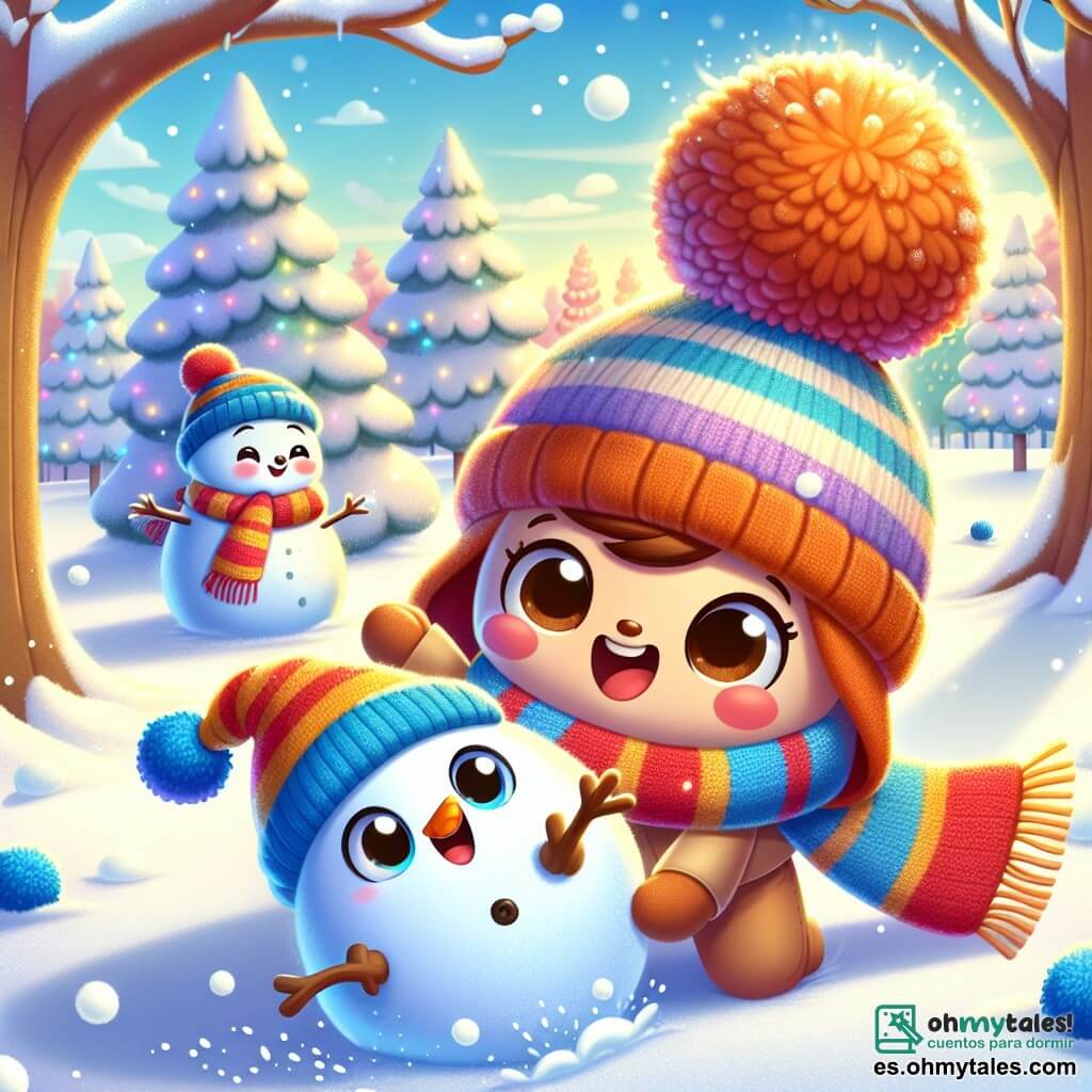 Un pequeño gorro de lana llamado Gori, con una sonrisa cálida y ojos brillantes, rueda alegremente en la nieve, mientras sus pompones giran a su alrededor. A su lado, una bufanda colorida llamada Rayo, con rayas brillantes de azul, rojo y amarillo, baila al viento, mostrando una expresión entusiasta mientras ayuda a Gori a formar un gran muñeco de nieve. El escenario es un parque mágico, donde árboles majestuosos están cubiertos de nieve brillante, y el suelo está tapizado con un espeso manto blanco, bajo un cielo azul claro salpicado de nubes esponjosas. En esta escena, Gori y Rayo se divierten construyendo un muñeco de nieve, riendo y compartiendo historias, mientras copos de nieve caen suavemente a su alrededor, creando una atmósfera mágica y alegre.