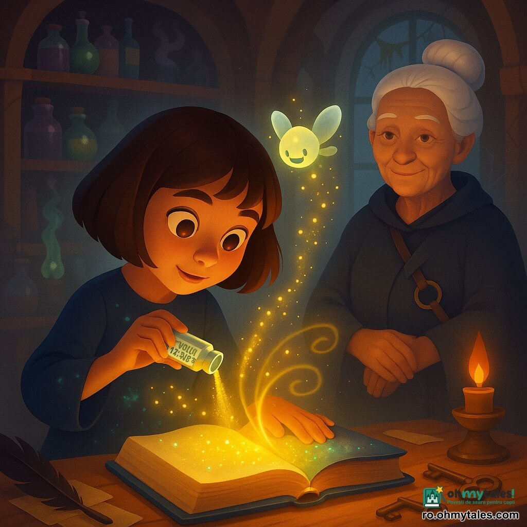 O ucenică vrajitoare de 9 ani, păr castaniu tuns bob, ochi mari curioși, într-o rochie simplă albastru închis pătată de pulbere luminescentă, privește uimită și concentrată o carte veche deschisă care se aprinde sub degetele ei; ea toarnă încet dintr-un flacon mic de sticlă o pulbere galbenă strălucitoare numită „praf de zâmbet” pe copertă, iar literele sar în volute fine luminoase în timp ce o adiere face paginile să vibreze; o bibliotecară vrăjitoare de circa 60 de ani, cu părul alb într-un coc și chip ridat dar binevoitor, stă retrasă pe dreapta cu o cheie masivă în bandulieră și o privire zâmbitoare, iar deasupra flaconului plutește un spiriduș rotund și transparent cu ochi jucăuși și aripi de picătură care scânteiază; atelierul de alchimie este o sală boltită cu rafturi din lemn întunecat, borcane colorate, fiole fumegânde și o masă de stejar încărcată cu pene, chei și pergamente, lumină caldă contrastând cu reflexe fosforescente.