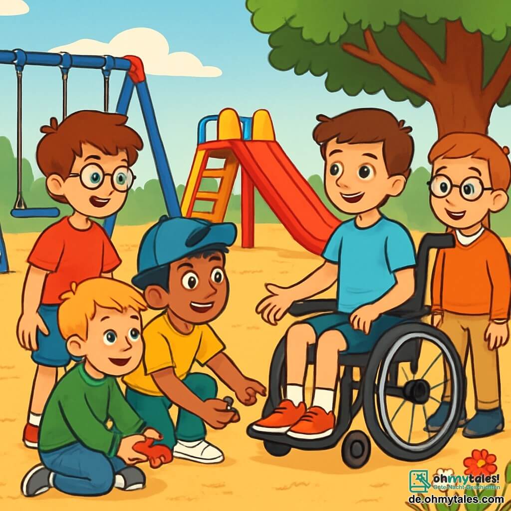 Es gibt 5 Charaktere: Paul ist ein 10-jähriger Junge mit zerzausten braunen Haaren und einer runden Brille, er trägt ein rotes T-Shirt und eine blaue Shorts. Er steht lächelnd und schaut neugierig zu Max. Jonas ist ein 10-jähriger Junge mit blonden Haaren und Sommersprossen, er trägt einen grünen Pullover und eine Jeans. Er sitzt auf dem Boden und spielt mit einem kleinen Spielzeug, während er Max beobachtet. Emil ist ein 10-jähriger Junge mit schwarzen Haaren und einer blauen Mütze, er trägt ein gelbes T-Shirt und weiße Turnschuhe. Er hockt begeistert neben Max. Finn ist ein 10-jähriger Junge mit kastanienbraunen Haaren und einer Brille, er trägt einen orangefarbenen Pullover und beigen Hosen. Er steht etwas abseits, lächelt aber und ist bereit, seinen Freunden beizutreten. Max ist ein 10-jähriger Junge mit kastanienbraunen Haaren und einem freundlichen Lächeln, er sitzt in seinem Rollstuhl, trägt ein hellblaues T-Shirt und eine Shorts. Er ist im Mittelpunkt des Bildes, umgeben von seinen neuen Freunden. Der Ort ist ein großer Schulspielplatz mit bunten Schaukeln, einer leuchtend roten Rutsche und einem großen grünen Baum im einladenden Schatten. Der Boden ist mit goldenem Sand bedeckt, und wilde Blumen wachsen herum, was Farbtupfer hinzufügt. Die Hauptsituation zeigt die vier Freunde, die sich Max nähern, alle lächelnd und aufgeregt, bereit, ihn in ihr Spiel einzubeziehen. Paul streckt die Hand nach Max aus, während Emil ihm ein Spielzeug zeigt. Die Atmosphäre ist fröhlich und freundlich, voller Kameradschaft und Begeisterung.