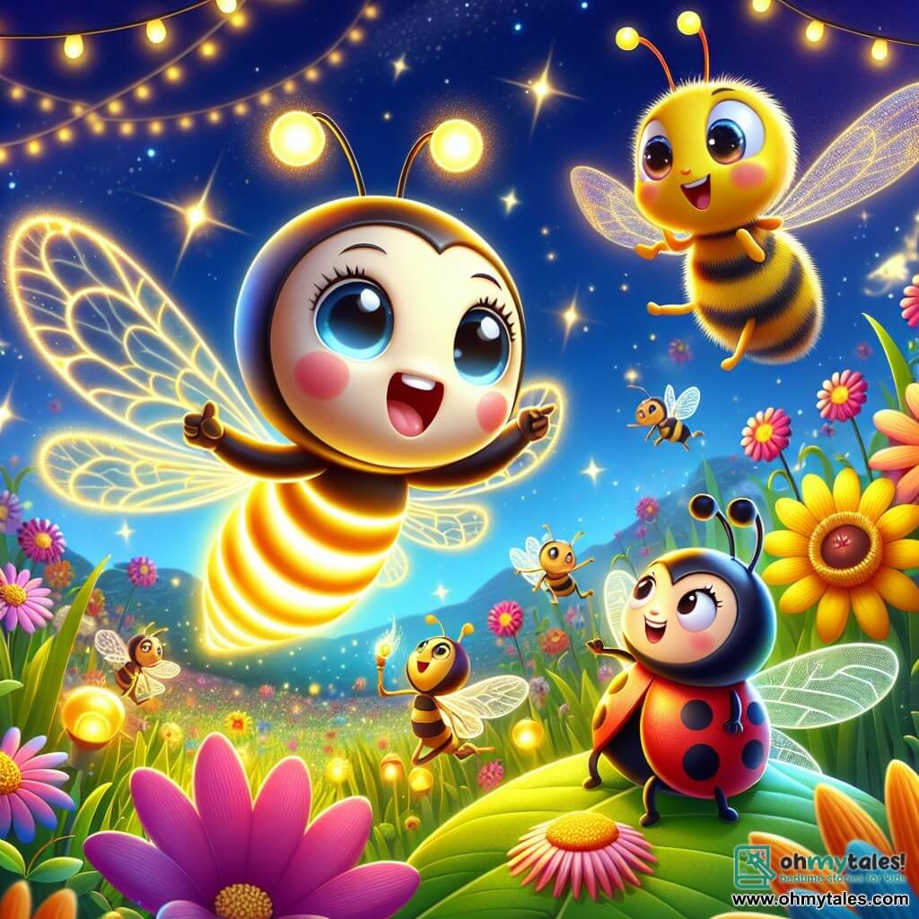 An illustration depicts a cheerful firefly with a glowing body and delicate wings, floating in the air with a big smile, illuminating the starry night. Next to it, a small bee with a yellow and black striped body and translucent wings dances joyfully while collecting nectar, showing an enthusiastic expression. A little further away, a red ladybug with black spots sits on a leaf, telling a story with sparkling eyes of excitement. The main setting is a colorful garden filled with bright flowers, tall grasses, and twinkling lights under a night sky dotted with shining stars. The main scene shows the firefly and its friends celebrating diversity and gender equality on a special day, where everyone shares their talents and has fun together. Other graphic elements include dancing flowers, sparkling stars, and a joyful, festive atmosphere symbolizing harmony and acceptance among all characters.