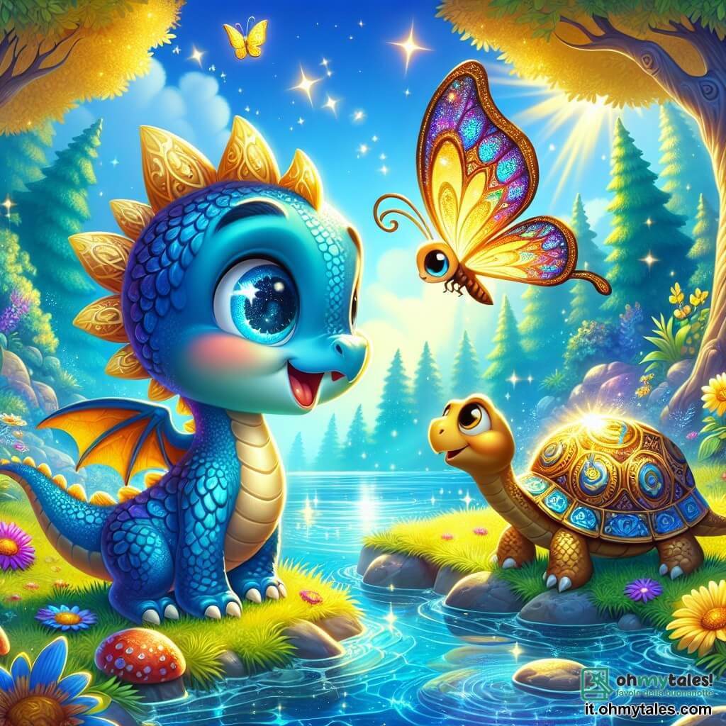 Un piccolo drago di nome Luce, con squame brillanti come stelle e occhi pieni di curiosità, si trova in riva a un lago scintillante, meravigliato dalla sua bellezza. Ha un ampio sorriso sul viso, che mostra il suo entusiasmo per l'avventura. Vicino a lui, una farfalla magica dalle ali colorate vola gioiosamente, incoraggiandolo a esplorare. Su una pietra al bordo del lago, una tartaruga d'oro osserva Luce con un sorriso benevolo, pronta a rivelargli i segreti del mondo. Il luogo è un magnifico paesaggio di foresta incantata, con alberi maestosi, fiori colorati e un cielo blu brillante, dove la luce del sole si riflette sulle acque del lago, creando un'atmosfera magica. La scena principale mostra Luce, il drago, pronto a attraversare il lago scintillante per scoprire la grotta segreta, con la farfalla e la tartaruga che lo incoraggiano nella sua avventura.