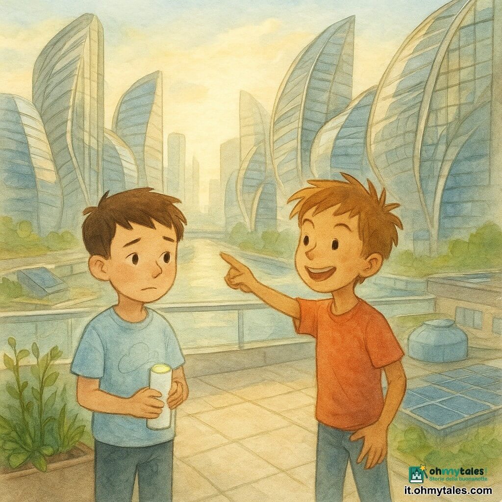 Ci sono due bambini di 8 anni: Tommaso, piccolo, capelli corti castani, maglietta chiara con una macchia a forma di nuvola, sguardo timido, vicino al parapetto di vetro tiene un piccolo sensore cilindrico bianco con una luce LED verde; Lino, magro e vivace, capelli castano chiaro spettinati, mani animate, accanto a Tommaso indica sorridendo le facciate-ali. Luogo: terrazza sul tetto di un edificio in una città futuristica, pavimentazione ampia, fioriere con erbe e viti, pannelli solari e piccoli serbatoi d'acqua visibili, parapetto di vetro, intorno palazzi con facciate metalliche incurvate simili ad ali che riflettono il sole e canali stretti sottostanti, cielo sereno con luce dorata pomeridiana. Situazione: i due osservano le grandi facciate-ali che si muovono lentamente; atmosfera calma e leggera, colori pastello e riflessi metallici, Tommaso tiene il sensore attivo mentre Lino mostra come le ali si orientano verso il sole; composizione centrata, espressioni dolci e dettagli acquerellati.