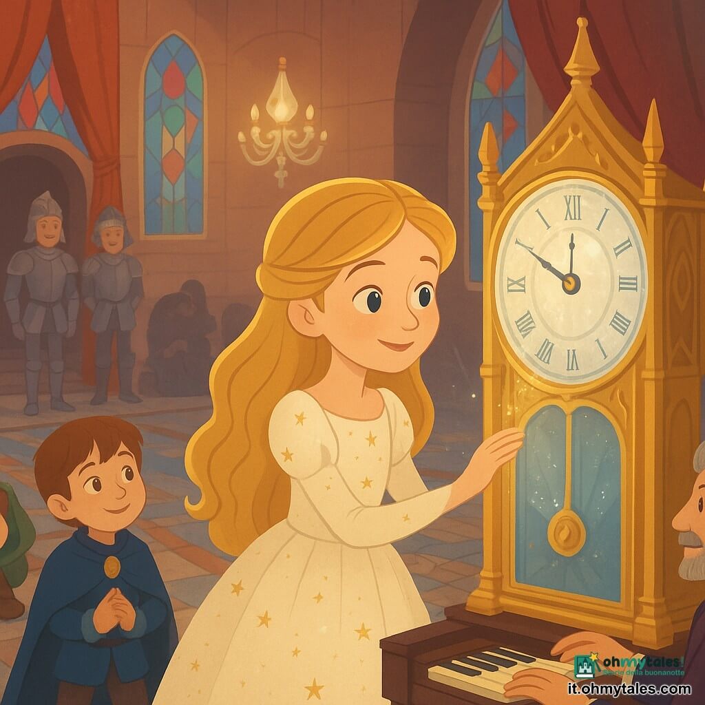 La principessa Elia, giovane, è al centro con volto dolce e concentrato, occhi chiari, veste avorio ricamata di piccole stelle dorate, mano appoggiata sul grande quadrante di un orologio di cristallo mentre sorride e parla piano; un giovane principe di circa 8 anni osserva da una scala di marmo a sinistra con mani giunte e abiti blu notte; un musicista di circa 40 anni è seduto dietro un clavicembalo a destra con ciocche grigie e giacca porpora, le dita sulle tastiere; un paggio di 10 anni, con il mantello sulla testa dopo essere inciampato, è inginocchiato e ride; due guardie in armatura argentata stanno vicino alla porta sullo sfondo; la scena si svolge in una grande sala da ballo con pavimento a mosaico, grandi vetrate colorate, lampadari di cristallo, tappeto rosso e una grande orologio di cristallo dorato; la principessa saluta delicatamente l'orologio per sciogliere un nodo scuro attorno al pendolo: luce calda, atmosfera calma e magica, piccoli scintilli argentati attorno al filo che si allenta, invitati sorridenti sullo sfondo.