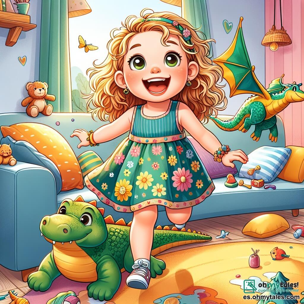Una niña de 2 años, Clara, con cabello rizado y dorado, lleva un vestido colorido con motivos de flores. Tiene una gran sonrisa en su rostro, los ojos brillantes de emoción, y está subiendo a un sofá que parece una montaña alta. A su lado hay un dragón de juguete, con escamas verdes y ojos brillantes, que parece volar. Un poco más lejos, hay un cocodrilo de peluche, suave y amistoso, en el suelo, con una sonrisa acogedora. La escena transcurre en una sala cálida, con paredes coloridas, cojines esparcidos y juguetes por todas partes, creando un ambiente de bosque encantado. Clara, en plena aventura, imagina que explora un mundo mágico, saltando de una montaña a un río mientras evita los peligros de un cocodrilo, llena de alegría y entusiasmo.