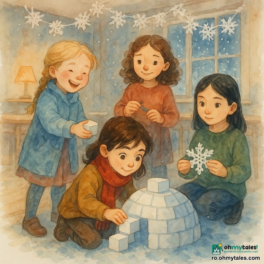 Sunt patru fete: Mara (~9 ani), păr șaten închis, ochi mari căprui, eșarfă roșie, în centru, ghemuită, așezând un cub de hârtie; Ilinca (~9 ani), păr blond împletit, obraji roșii, palton bleu, în stânga, în picioare, zâmbitoare, întinzând o bucată; Daria (~8 ani), păr negru drept, privire calmă, pulover verde-olive, în dreapta, așezată, ținând un fulg decupat; Sofia (~9 ani), păr brunet buclat, zâmbet blând, ține un bastonaș colorat, stă puțin în spatele igluului. Loc: clasă de iarnă cu podea de lemn deschis, mese împinse, ghirlande de fulgi de hârtie, lumină caldă și geam înghețat cu peisaj înzăpezit. Situație: fetele construiesc un mic iglu din cuburi de hârtie pe podea, atmosferă liniștită și concentrată, cană cu ciocolată caldă pe o masă, zâmbete și accente roșii/verde în haine.