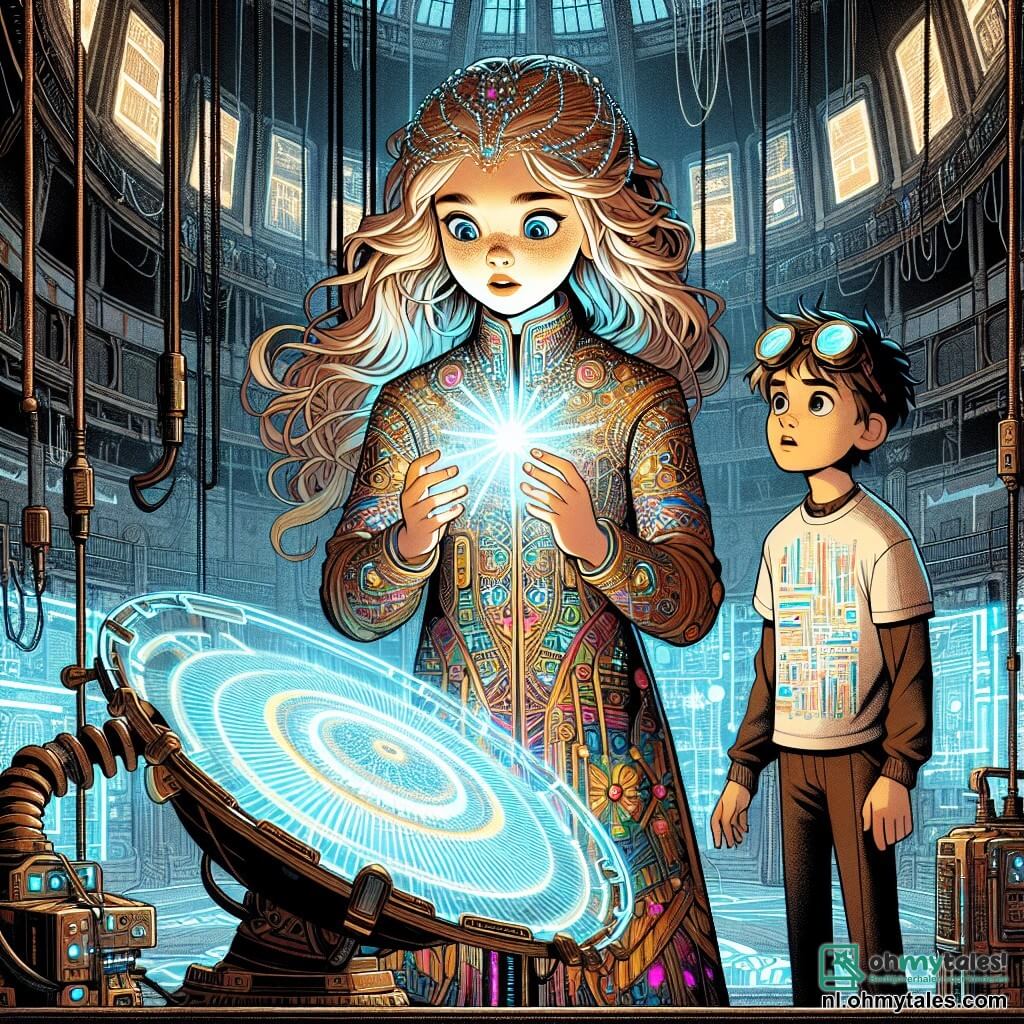 In het midden van de afbeelding staat een 12-jarig meisje, Lila, met lange golvende haren die glanzen als zonnestralen, en ze toont grote nieuwsgierigheid en opwinding. Ze draagt een kleurrijke futuristische overall, versierd met geometrische patronen, en houdt een verlichte holografische tablet in haar handen, met verwonderde ogen. Naast haar staat een jongen van dezelfde leeftijd, Joris, met kort en rommelig haar, die een voelbare vastberadenheid uitstraalt. Hij draagt een t-shirt met printplaten en heeft een veiligheidsbril op zijn voorhoofd, terwijl hij aandachtig naar de futuristische machine voor hen kijkt. De achtergrond toont een enorme zaal vol oude machines en vergeten technologieën, met knipperende lichten en kabels die uit het plafond hangen. Hologrammen zweven om hen heen en projecteren beelden van de futuristische stad Glans. De hoofdsetting toont Lila en Joris voor de Nexus, een ronde en glanzende machine die pulserend licht uitstraalt, terwijl ze zich voorbereiden om deze te reactiveren om hun stad te redden, omringd door een sfeer van mysterie en avontuur.