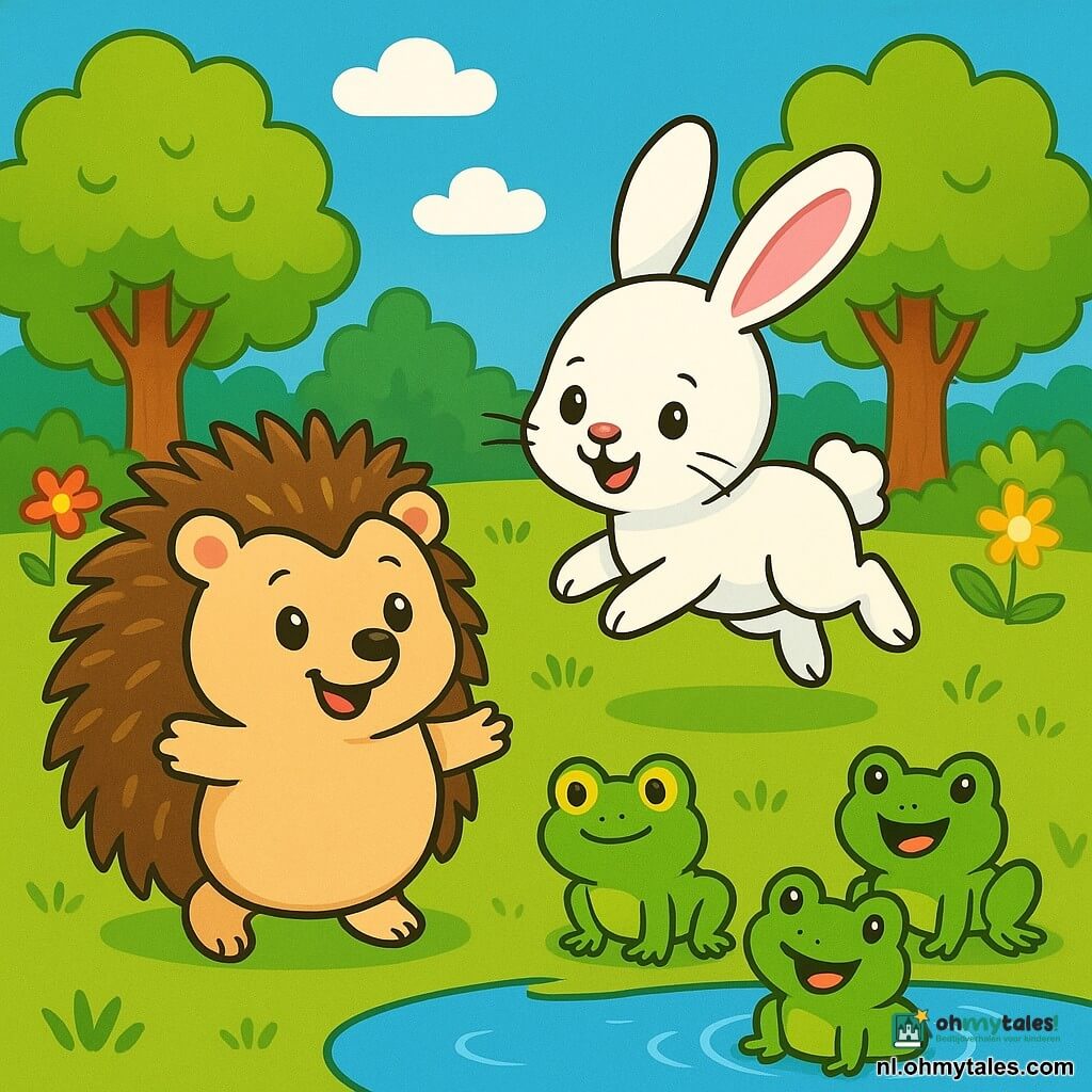 Een schattige, ronde egel met zachte, glanzende stekels staat vrolijk in het midden van de afbeelding. Zijn ogen stralen van opwinding en een grote glimlach siert zijn gezicht. Naast hem springt een schattig konijntje met grote oren en een zachte, witte vacht vrolijk rond, met een nieuwsgierige en vriendelijke uitstraling. Een groep groene kikkers met ronde ogen en glanzende huid staat bij een klein vijvertje en kwakt vrolijk. Op de achtergrond strekt een weelderig bos zich uit, met majestueuze bomen met stralende bladeren en kleurrijke bloemen die in de wind dansen. De scène toont een moment van vreugde waarin de egel en zijn vrienden samen plezier hebben, spelend rond de vijver onder een heldere blauwe lucht met pluizige witte wolken.