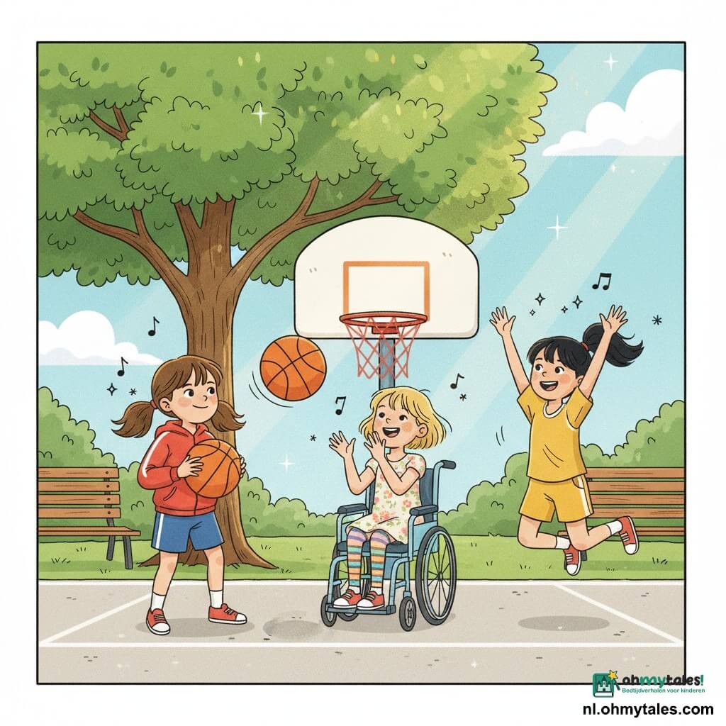 Drie meisjes spelen samen op een klein buurtbasketveld onder een grote groene boom: links Noor (8) met bruine twee staartjes, rode jas en sportshort, dribbelt een grote oranje bal met witte stipjes, geconcentreerd met een verlegen glimlach; in het midden Mila (7) met kort blond haar in een lichtblauwe rolstoel voor de basket, handen klaar om te vangen, draagbare jurk en kleurrijke panty's, vrolijk en klappend; rechts Mia (9) met zwart paardenstaart en gele sportkleding springt met opgeheven armen alsof de bal het net binnengaat; het veld heeft licht asfalt met witte lijnen, een lage paal met rood-wit net, gras en bankjes op de achtergrond, blauwe lucht met enkele zachte wolken, warme zonnestralen, gelach weergegeven als kleine muzieknoten en levendige, zachte kleuren in een kinderstripstijl.