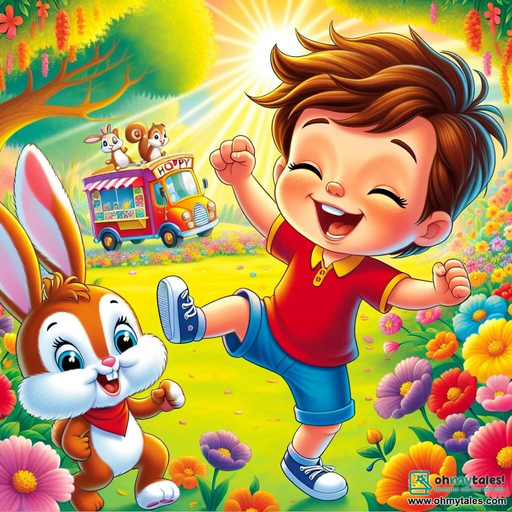 A 4-year-old boy named Timmy, with messy brown hair and a big joyful smile, is wearing a red t-shirt and blue shorts. He is enthusiastically dancing with his arms raised to the sky in a colorful garden filled with bright flowers. Next to him, a rabbit-shaped hat named Hoppy, with large white ears and sparkling eyes, appears to be jumping for joy, its ears floating in the air. In the background, a curious squirrel with red fur and a bushy tail is perched on a branch, watching the scene with an amused expression. The garden is bathed in golden light, with dancing trees gently swaying to the rhythm of imaginary music. The main scene shows Timmy and Hoppy joyfully dancing, surrounded by flowers that seem to applaud, while a colorful ice cream truck floats above them, ready to serve delicious ice creams.