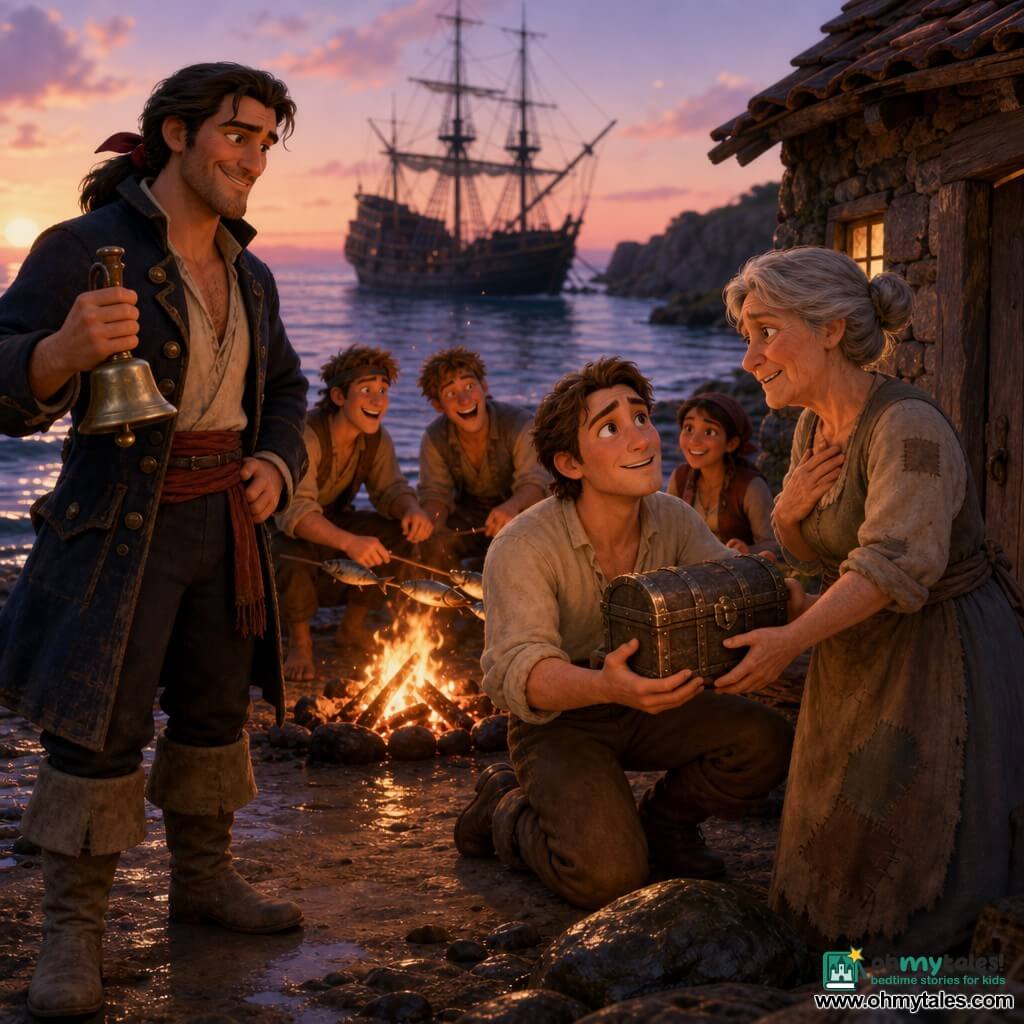 A proud, smiling pirate named Marlowe with black hair tied by a red ribbon, a worn navy jacket and scuffed light boots holds a small shiny metal bell and watches the fire; beside him sits a young man, Finn, round-faced and moved, in a cream shirt clutching an iron chest, while Finn’s elderly mother with gray hair in a bun and patched simple dress receives the chest with tears of relief in front of a small house with repaired tiles; two young male crew and a young woman laugh and roast fish over the campfire in the background; setting: a wet sandy beach at dawn with black rocks, a crackling fire, calm sea and a dark sailboat at anchor under a pale pink sky, warm orange light on faces conveying relief, camaraderie and a triumphant, gentle heroic mood.