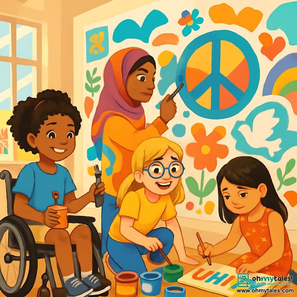 There are four children: - Maya: a 12-year-old girl of African American descent, with curly hair, wearing a blue t-shirt and shorts. She is in her wheelchair, smiling, holding a brush in one hand and a paint pot in the other. - Noor: a 12-year-old girl of Pakistani descent, with long black hair and a colorful hijab. She is standing next to Maya, painting a symbol on the wall with a determined expression. - Grace: a 12-year-old girl of Caucasian descent, with blonde hair and glasses. She is crouched in front of the mural, surrounded by paint pots, enthusiastically mixing bright colors. - Lila: a 12-year-old girl of Asian descent, with smooth brown hair, wearing a floral dress. She is sitting on the floor, writing inspiring words on a board with a focused look. The scene takes place in a bright art room with large windows letting in sunlight. The walls are covered with colorful paintings and children's drawings, and a large white wall is being transformed into a vibrant mural full of colors and symbols representing diversity. The main situation shows the four friends working together on their mural, each adding their personal touch while sharing laughter and stories. The atmosphere is joyful and creative, symbolizing unity and acceptance.