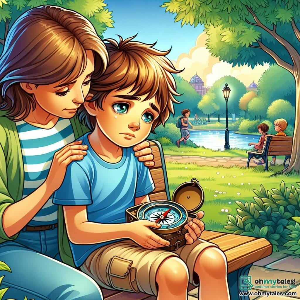 A 10-year-old boy with tousled brown hair and eyes shining with sadness sits on a park bench, holding an old compass in his hands. He wears a blue t-shirt and beige shorts, and his face shows a gentle melancholy with a hint of hope. Next to him, his mother, a woman in her thirties with long brown hair, looks at him tenderly, her arm resting on his shoulder, sharing a moment of comfort. In the background, the park is lush with leafy trees, a sparkling pond, and children playing in the distance, creating a peaceful and nostalgic atmosphere. The scene depicts the boy reflecting on his deceased grandfather while reminiscing about past adventures symbolized by the compass he holds, representing enduring love and memories.