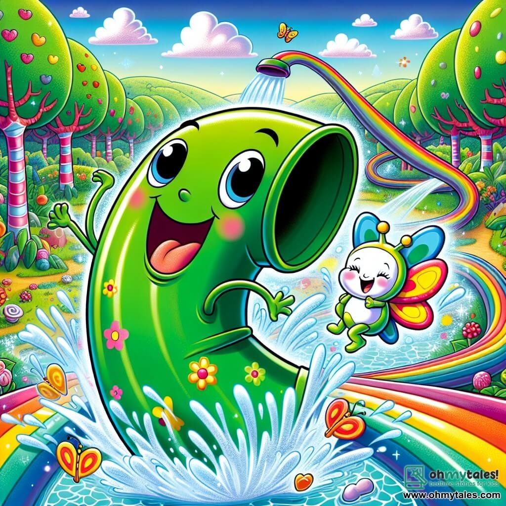 Henry, a bright green garden hose with colorful flower patterns, is joyfully sliding down a water slide that winds through a fantastical landscape. His expression is filled with excitement and happiness, with sparkling water droplets flying around him. Next to him, Bella, a shiny little bell with butterfly wings, vibrates with joy, her eyes twinkling with mischief as she clings to Henry. She lets out bursts of laughter that blend with the splashes of water. The setting is an enchanted valley, where trees with brightly striped trunks bear heart-shaped leaves, and flowers dance to a gentle melody. Candy-shaped clouds float in a bright blue sky, adding a touch of magic. The main scene shows Henry and Bella going down the water slide, laughing as they prepare to dive into the Giga-Laughs River, where the water sparkles with a thousand lights and promises laughter with every drop.