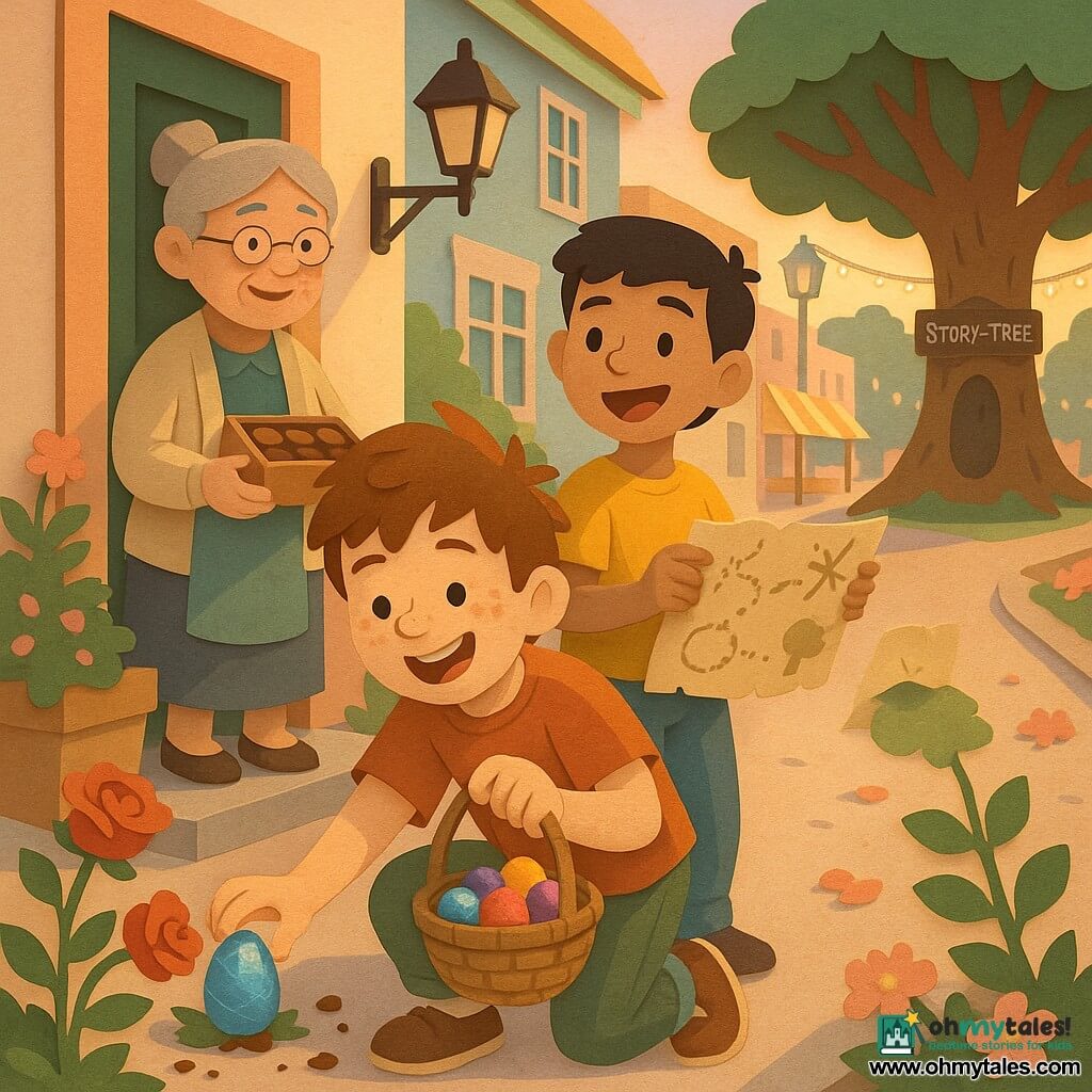 A joyful, mischievous 10-year-old boy with a round freckled face and tousled brown hair crouches with a small wicker basket of colorful chocolate eggs, gently slipping a shiny blue egg under a rosebush; a neighbor boy of about 11 with short black hair and an eager smile stands beside him holding a scribbled map and looking toward a large oak ("Story-Tree") in the background; an elderly grandmother with gray hair in a bun and kind eyes stands near a painted house door holding a box of chocolates and smiling proudly; the scene is an early-morning village street with pastel facades, old lampposts, flower-lined sidewalks, market stalls and string lights in the distance, soft dawn light and festive details like foil-wrapped eggs, chocolate crumbs and rose petals.