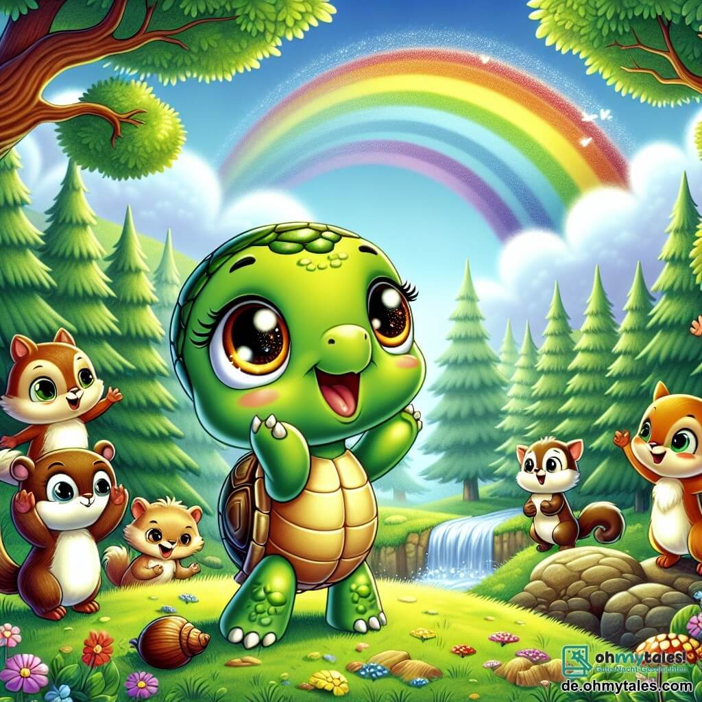 Eine kleine Schildkröte namens Tilly, mit einem glänzend grünen Panzer und neugierigen, funkelnden Augen, steht auf einem Hügel und blickt bewundernd auf einen wunderschönen Regenbogen, der den Himmel erleuchtet. Tilly zeigt ein Gesicht voller Freude und Aufregung, ihre kleinen Vorderbeine sind triumphierend in die Höhe gestreckt. In der Nähe ermutigt eine Gruppe von Waldbewohnern, darunter ein fröhliches Eichhörnchen mit rotem Fell und eine weise Eule mit braunen Federn, sie mit warmen Lächeln. Das Eichhörnchen, das auf einem Ast sitzt, klatscht mit seinen kleinen Pfoten, während die Eule, die auf einem Stein sitzt, mit weisem und freundlichem Blick zuschaut. Die Szenerie zeigt eine wunderschöne Waldlandschaft mit majestätischen Bäumen mit lebhaft grünen Blättern, bunten Blumen, die am Boden verstreut sind, und einem strahlend blauen Himmel, der mit fluffigen weißen Wolken gesprenkelt ist. In der Ferne funkelt ein Bach und verleiht der Szene einen Hauch von Magie. Die Hauptsituation zeigt Tilly, die voller Entschlossenheit ihre Siege feiert, nachdem sie den Hügel erklommen hat, bereit, die Wunder zu entdecken, die die Welt ihr dank ihres Mutes und Glaubens an sich selbst zu bieten hat.