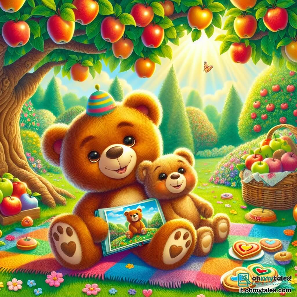 Un piccolo orsetto di peluche di nome Bruno, con un morbido pelo marrone e occhi scintillanti di gioia, è seduto su una coperta colorata sotto un grande albero di mele. Sorride ampiamente, tenendo un album fotografico restaurato tra le zampe, irradiando eccitazione e amore per il suo papà. Accanto a lui, il suo papà, un orso robusto di nome Gigi, con un pelo più chiaro e un cappellino divertente, guarda Bruno con un sorriso orgoglioso. I suoi occhi brillano di tenerezza mentre ammira il regalo del figlio. Sullo sfondo, la scena si svolge in un giardino soleggiato, pieno di fiori colorati e meli carichi di frutti, creando un'atmosfera gioiosa e festosa. Bruno e Gigi celebrano la festa del papà, circondati da biscotti a forma di cuore, pronti a immortalare questo momento speciale con una foto insieme, pieni di felicità e amore.