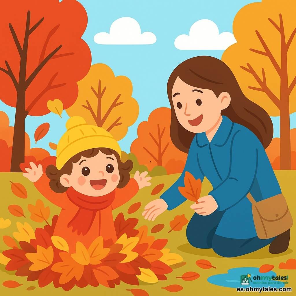 Una niña pequeña de 2 años, con grandes ojos brillantes y mejillas rosadas, lleva una bonita bufanda roja y un gorro amarillo. Ríe alegremente mientras salta en un montón de hojas de otoño de colores, con su cabello castaño rizado flotando a su alrededor. A su lado, su mamá, una mujer de unos 30 años, con cabello largo y castaño, sonríe mientras recoge hojas. Lleva un abrigo azul y sostiene un pequeño bolso de tela. El parque está lleno de árboles majestuosos con hojas rojas, amarillas y marrones, bajo un cielo azul claro con algunas nubes blancas. El suelo está cubierto de hojas crujientes y un pequeño charco de agua brilla bajo el sol. La niña se divierte saltando en las hojas, creando una nube de colores a su alrededor, mientras su mamá la anima con una cálida sonrisa.
