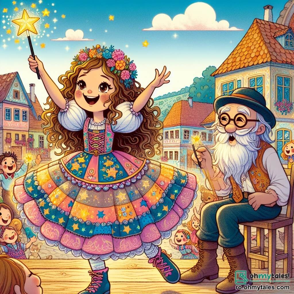 În centrul imaginii, Nela, o tânără vrăjitoare de 10 ani, cu părul lung și ondulat și ochi strălucitori de năzdrăvănie, dansează vesel pe o mică scenă de lemn. Ea poartă o rochie colorată împodobită cu stele strălucitoare și ține o baghetă magică care strălucește cu o lumină aurie. Fața ei exprimă o mare emoție și un strop de nervozitate în timp ce încearcă să realizeze un truc de magie. Lângă ea, un bătrân, Bâtranel, în vârstă de aproximativ 70 de ani, cu o barbă lungă și albă și ochelari rotunzi, privește scena cu un zâmbet amuzat. El stă pe un scaun de lemn, ținând o batistă, pregătit să șteargă noroiul de pe pantalonii săi după o transformare neașteptată. În fundal, piața satului Măgicel este animată, înconjurată de case colorate cu acoperișuri de țiglă, cu flori strălucitoare și copii care râd și aplaudă. Norii pufoși plutesc pe un cer albastru deschis, adăugând o notă de magie atmosferei. Situația principală o arată pe Nela încercând să transforme un măr drăguț într-un animal, dar în loc de aceasta, apare un câine amuzant cu urechi mari de morcov, provocând hohote de râs în mulțime.