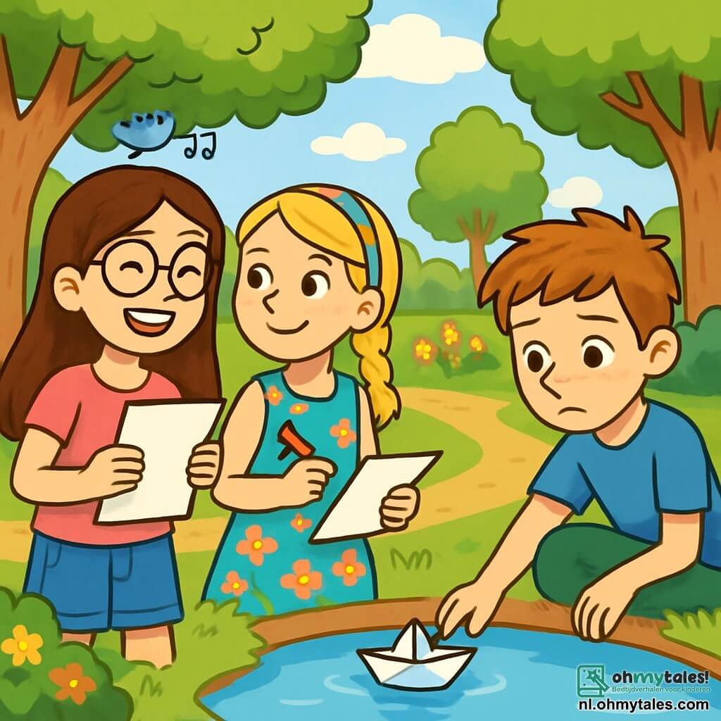 Er zijn 3 personages: - Sanne: een 10-jarig meisje met lang bruin haar en ronde bril. Ze draagt een roze t-shirt en een spijkerbroekshort, en ze glimlacht vrolijk terwijl ze een vel papier vasthoudt. - Lucas: een 10-jarige jongen met rommelig kastanjebruin haar en sproeten op zijn gezicht. Hij draagt een blauwe t-shirt en groene broek, en kijkt nadenkend naar een klein papieren bootje dat hij net in het water heeft gegooid. - Emma: een 10-jarig meisje met gevlochten blond haar en een gekleurde haarband. Ze draagt een bloemenjurk en houdt een pen vast, klaar om op een ander stuk papier te schrijven. Ze staat naast Sanne, de twee meisjes kijken elkaar met een blik van samenzijn aan. De situatie speelt zich af in een groen park met een grote kalme waterpartij in het midden. Majestueuze bomen omringen het park, hun bladeren glinsteren in het zonlicht. Kleurrijke bloemen sieren het pad en vogels zingen in de takken. De scène is vredig en vrolijk. De hoofdactie van het verhaal toont de drie vrienden die papieren bootjes op het water laten varen, ieder zijn emoties uitdrukkend door op de bootjes te schrijven. Sanne en Emma glimlachen, terwijl Lucas, iets serieuzer, zijn bootje in de verte observeert, wat het delen van zijn gevoelens symboliseert.