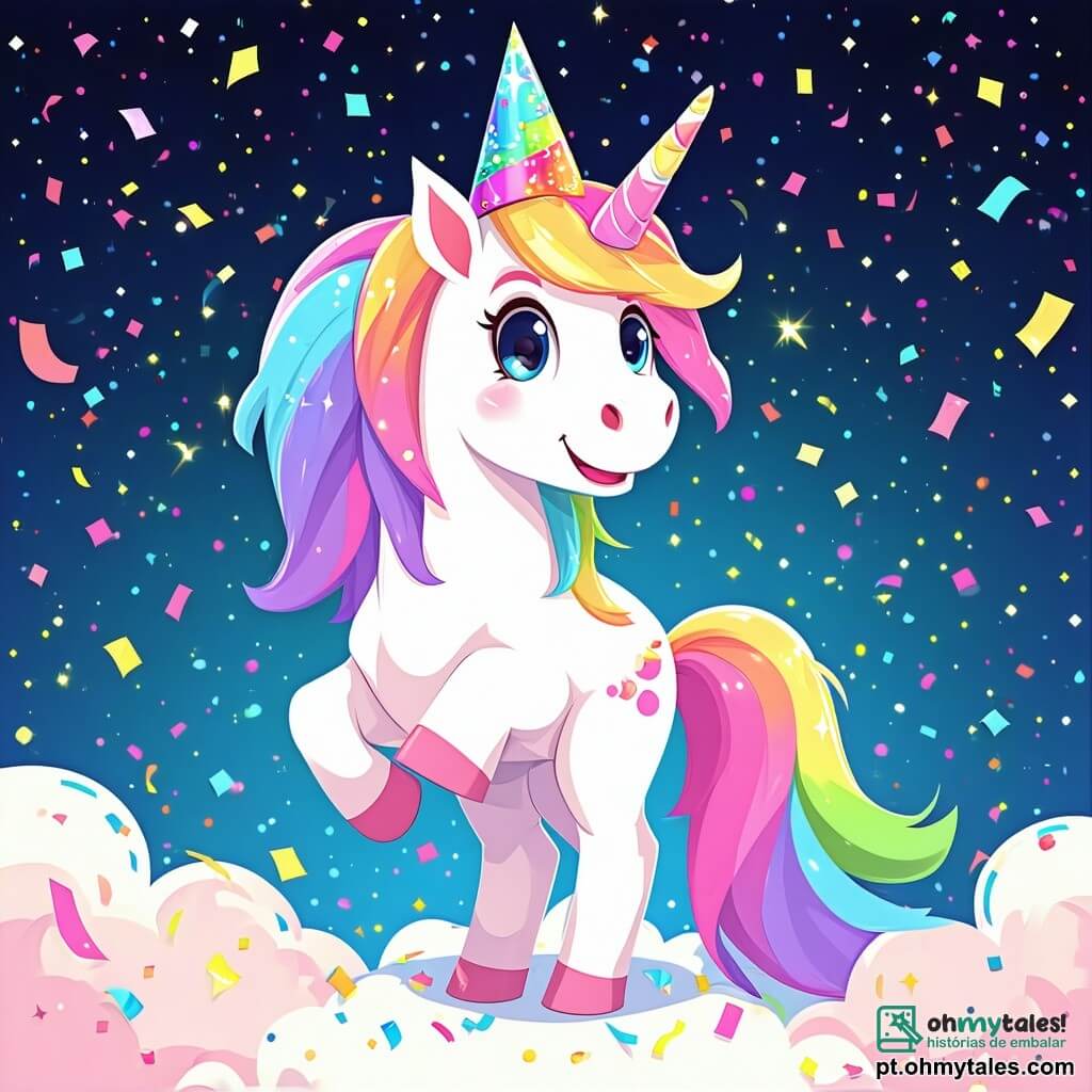 Uma magnífica unicórnio chamada Estrela, com um chapéu de festa colorido na cabeça e um chifre brilhante como um arco-íris, dança alegremente no centro de um vale encantador, seu rosto radiante de felicidade. Ao lado dela, um menino de 8 anos chamado Hugo, com cabelos castanhos bagunçados e olhos brilhantes de travessura, segura balões multicoloridos e ri alto, cercado por criaturas fantásticas. O local é um vale mágico, cheio de flores cantantes de cores vivas, rios de limonada efervescente e nuvens fofas flutuando em um céu azul brilhante. A cena principal mostra Hugo e Estrela preparando uma grande festa, cercados por criaturas alegres, com confetes coloridos caindo do céu e risadas ecoando por toda parte.