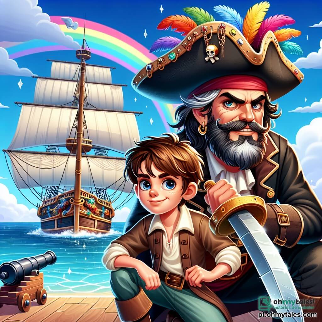O personagem principal, o Capitão Rodrigo, é um homem na casa dos quarenta anos, com uma longa barba e olhos penetrantes. Ele usa um chapéu de pirata decorado com penas coloridas e um casaco de couro desgastado. Sua expressão é determinada e corajosa enquanto segura firmemente sua espada, pronto para defender seu navio. Ao seu lado está Lucas, um garoto de doze anos, com cabelos castanhos bagunçados e um sorriso entusiasmado. Ele está agachado perto de um canhão, com os olhos fixos no horizonte, preparado para alertar a tripulação sobre um perigo iminente. Ao fundo, o navio "Vento Livre" está ancorado em águas calmas, com velas brancas flutuando suavemente ao vento. O céu é de um azul vibrante, com algumas nuvens brancas, e um arco-íris brilha após uma tempestade recente, adicionando um toque de magia à cena. A situação principal mostra Rodrigo e Lucas se preparando para enfrentar um navio pirata ameaçador que aparece no horizonte, com ondas quebrando contra o lado do Vento Livre, criando uma atmosfera de tensão e aventura.