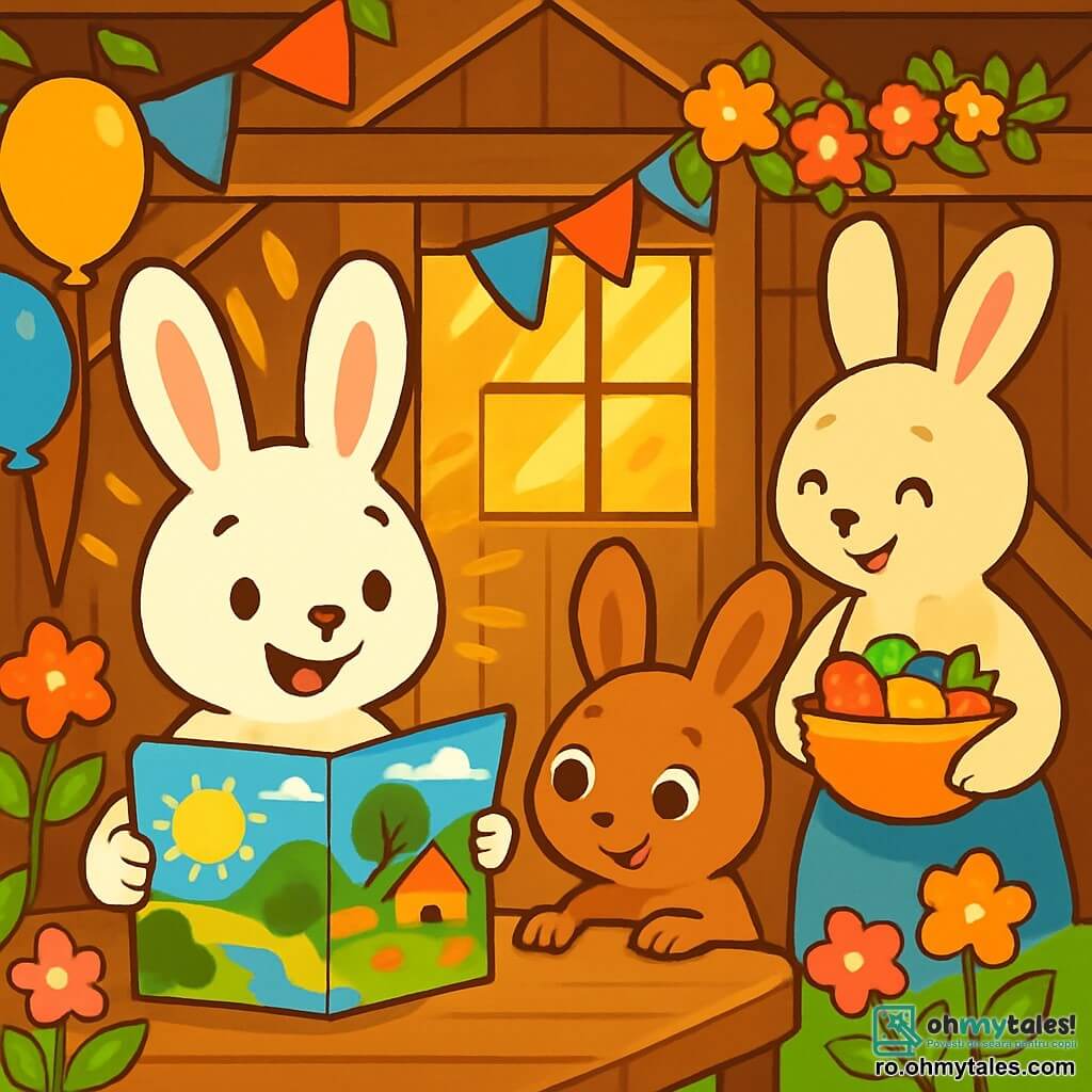 Un iepuraș pe nume Luca, cu urechi mari și blană albă strălucitoare, zâmbește vesel ținând o mare hartă ilustrată cu peisaje de vară. Este așezat într-o frumoasă grajd din lemn, înconjurat de flori colorate și raze de soare aurii care pătrund prin feronerie. Lângă el, sora lui Mia, o iepurașă mică cu blană maro și ochi strălucitori, se uită cu curiozitate la hartă, cu lăbuțele mici pe masa din lemn. Are o expresie uimită, nerăbdătoare să descopere aventurile de vară. Într-un colț, mama lor, o iepurașă blândă cu blană crem, pregătește fructe proaspete într-un bol mare, cu un zâmbet cald pe față, adăugând o notă de bucurie scenei. Grajdul este decorat cu ghirlande de flori și baloane colorate, creând o atmosferă festivă și primitoare. Situația principală arată cum Luca și familia lui plănuiesc un festival de vară plin de râsete, muzică și jocuri, înconjurați de frumusețea naturii.