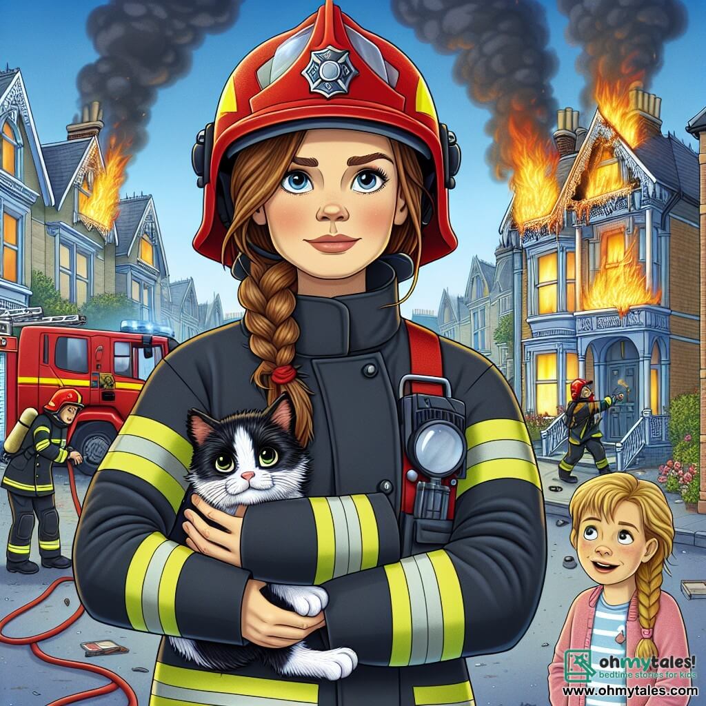 In a blazing urban landscape, a brave firefighter, Captain Emma, stands at the center of the image. She wears a shiny red helmet and a black firefighter suit, her face determined and focused, with strands of brown hair escaping from her helmet. She holds a black and white cat, Mr. Whiskers, in her arms, displaying a look of relief and pride. Nearby, an 8-year-old girl with braided blonde hair and admiring eyes watches the scene with a delighted smile. She wears a small pink jacket and stands a bit back, her hands crossed over her chest. In the background, a Victorian house is engulfed in flames, with dancing flames and black smoke rising into the blue sky. Firefighters are busy around, using hoses to extinguish the fire, while a crowd of concerned but relieved neighbors gathers at a safe distance. The main scene shows Captain Emma heroically emerging from the burning house, holding the cat in her arms, while firefighters work together to control the flames and protect the community.