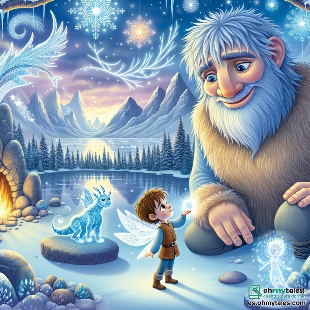 Un gigante de gran corazón, llamado Turik, está de pie en el centro del escenario, con una sonrisa cálida en su rostro. Tiene la piel de un suave color azul, el cabello desordenado de color nieve y ojos brillantes como estrellas. Turik extiende la mano hacia una pequeña criatura luminosa, Pequeel, que flota a su lado. Pequeel, un ser mágico con alas brillantes y ojos chispeantes, es una pequeña hada de luz. Ella parece alegre y agradecida, iluminando el rostro de Turik con su resplandor. El escenario se sitúa en el hermoso Valle de los Espejismos, donde piedras brillantes parecen espejos, reflejando paisajes encantadores. Copos de nieve caen suavemente, creando una atmósfera mágica y pacífica. La situación principal muestra a Turik y Pequeel preparándose para enfrentar al majestuoso dragón de hielo, que se alza ante ellos, guardián del Corazón de Cristal, con una expresión de sabiduría y desafío. El aire está cargado de una tensión palpable, mientras el gigante y el hada unen sus fuerzas para demostrar su valía.