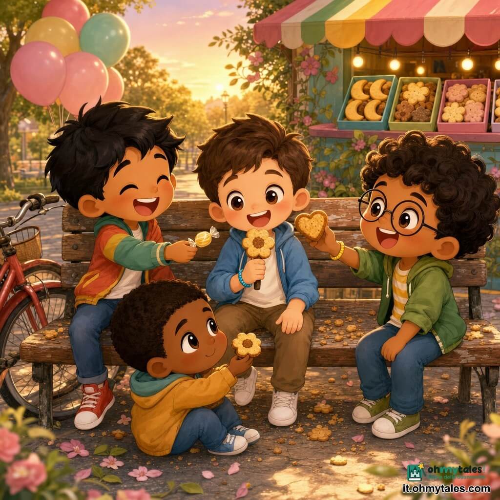 Ci sono quattro bambini di circa 6 anni: Yusuf, pelle chiara, capelli castani corti, occhioni dolci, con un braccialetto blu alla mano sinistra, seduto al centro della panchina che tiene un biscotto a forma di fiore come un microfono; Amir, carnagione olivastra, capelli neri spettinati, sorriso largo, giacca colorata, seduto a sinistra di Yusuf che ride offrendo una caramella al limone; Nabil, pelle abbronzata, capelli ricci, occhiali tondi e braccialetto giallo, seduto a destra di Yusuf che mostra un biscotto a forma di cuore ridendo; Samir, pelle un po' più scura, capelli corti, inizialmente timido poi felice, seduto leggermente davanti a Yusuf che accetta timidamente un biscotto. Sono in un piccolo parco al crepuscolo sotto un grande albero dalle foglie che creano ombre verde tenue, su una panchina di legno consumata coperta di briciole con una bicicletta rossa appoggiata vicino; sullo sfondo una bancarella colorata con scatole di biscotti a forma di luna e fiore, alcuni palloncini pastello e petali a terra. La scena ritrae la condivisione di biscotti e caramelle durante la festa dell'Eid dopo il Ramadan, atmosfera dolce e colori caldi, gesti amichevoli e dettagli visibili come braccialetti, briciole e una scatola di biscotti aperta.