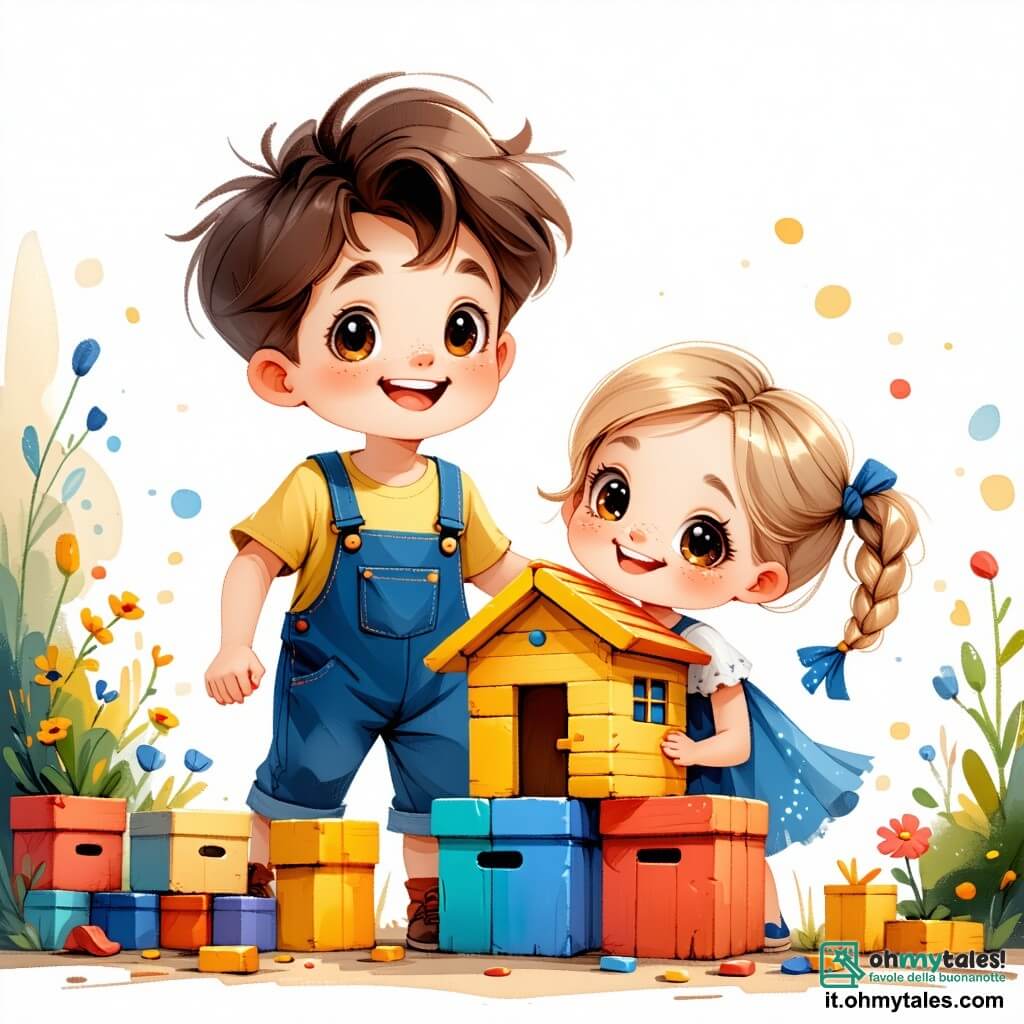 Un bambino di un anno, Tommy, con capelli castani disordinati e grandi occhi curiosi, sorride gioiosamente mentre impila scatole colorate per costruire una piccola casa. Indossa una salopette blu e una maglietta gialla, e il suo viso esprime grande eccitazione. Accanto a lui, la sua migliore amica Mia, una bambina di un anno con capelli biondi in trecce e occhi scintillanti, lo incoraggia con un ampio sorriso. Indossa un vestito rosa a pois bianchi e tiene una scatola tra le mani, pronta ad aggiungerla alla loro costruzione. La scena si svolge in un giardino soleggiato, pieno di fiori colorati e erba verde, con raggi di sole che filtrano tra gli alberi. Sullo sfondo, si vede un cielo azzurro chiaro con alcune nuvole bianche e soffici. La situazione principale mostra Tommy e Mia concentrati sul loro progetto, ridendo e aiutandosi a vicenda per costruire la loro piccola casa di scatole, simboleggiando la loro amicizia e la gioia di giocare insieme.